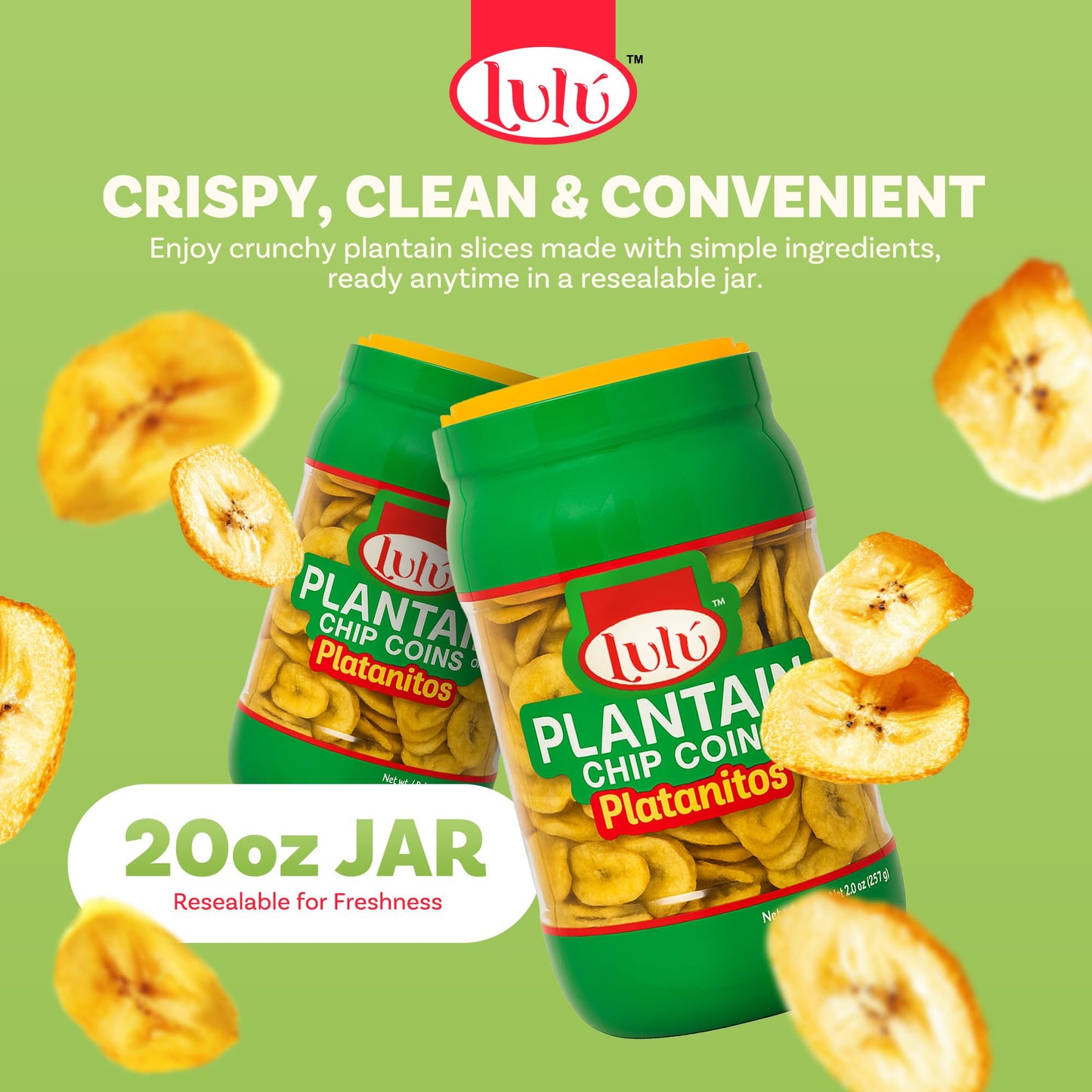 LULU Plantain Chip Coins - Original Flavor, 20 oz Jar - Crunchy Plantain Slices - No Artificial Colors or Preservatives - Ready-to-Eat Snack