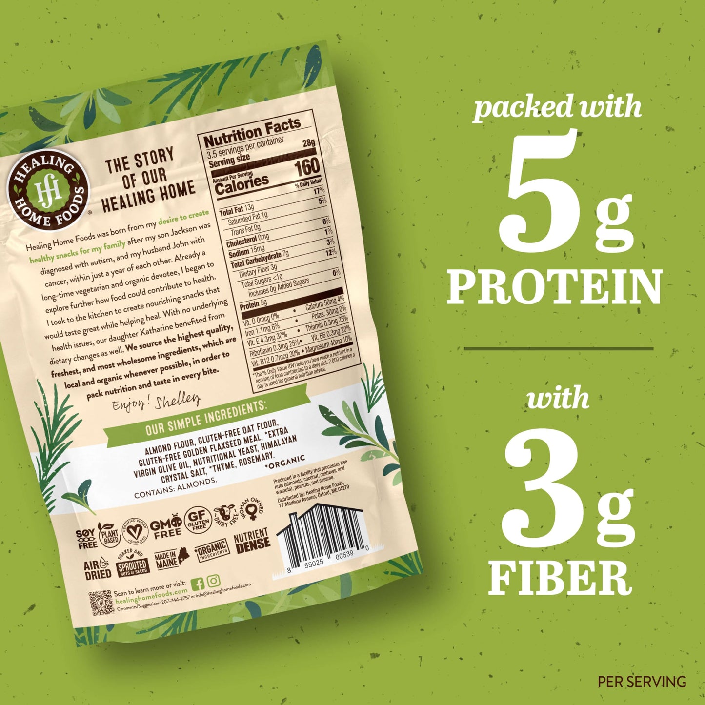 Healing Home Foods Garden Herb Gluten-Free Crackers with Almond Flour, Rosemary & Thyme, Healthy Vegan Snack, Non-GMO & High Protein Crackers