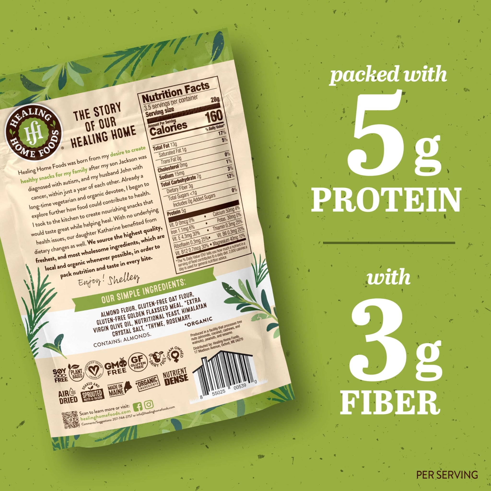 Healing Home Foods Garden Herb Gluten-Free Crackers with Almond Flour, Rosemary & Thyme, Healthy Vegan Snack, Non-GMO & High Protein Crackers