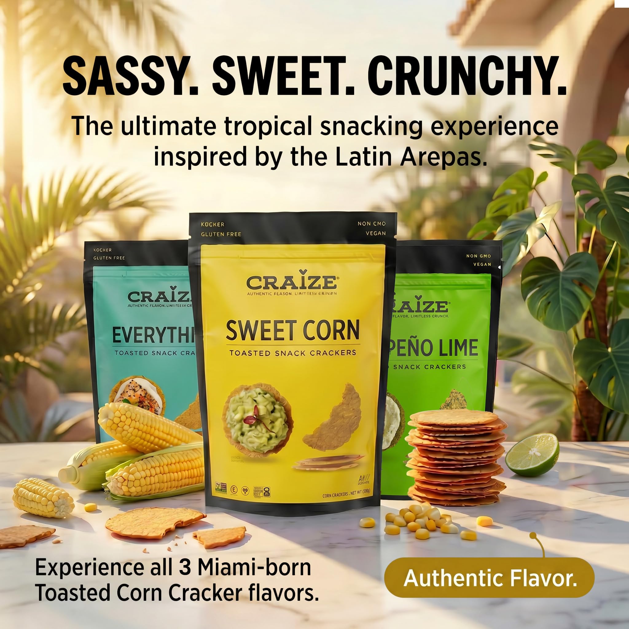 Craize Savory Mix | Sweet Corn x2, Everything, Jalepeno Lime | Gluten Free, Vegan, Kosher, Toasted Corn Crackers | 4 pack, 4 oz each