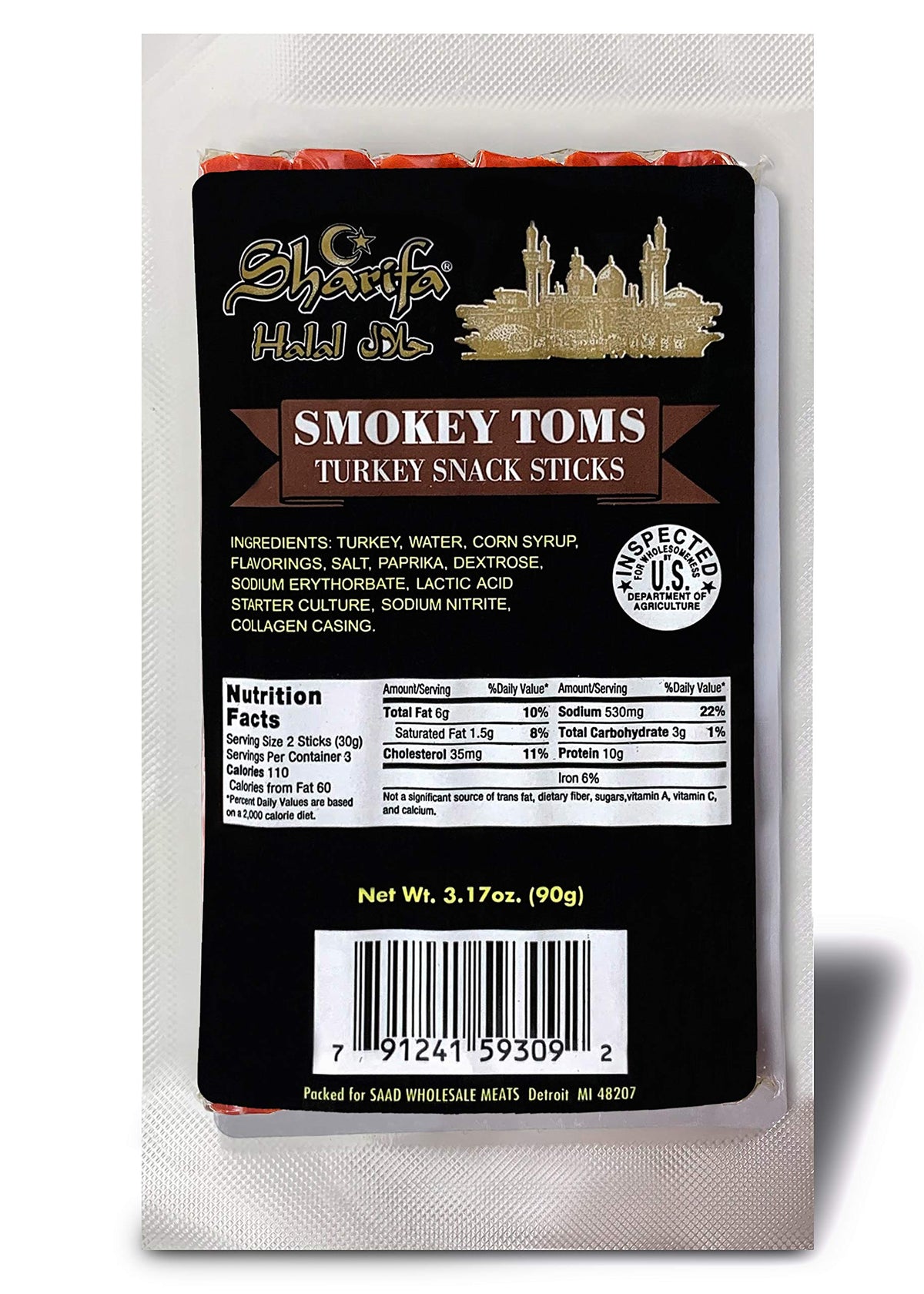 SHARIFA HALAL SMOKEY TOMS TURKEY SNACK STICKS, 3.17 OZ. PACKAGE - GREAT EVERYDAY ZABIHA HALAL TURKEY, 10G PROTEIN, 110 CALORIES, 3G CARBOHYDRATES