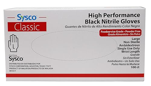 Sysco Nitrile High Performance Gloves, Powder Free, Food Grade, Disposable (100 Gloves Pack) (Large - Black)