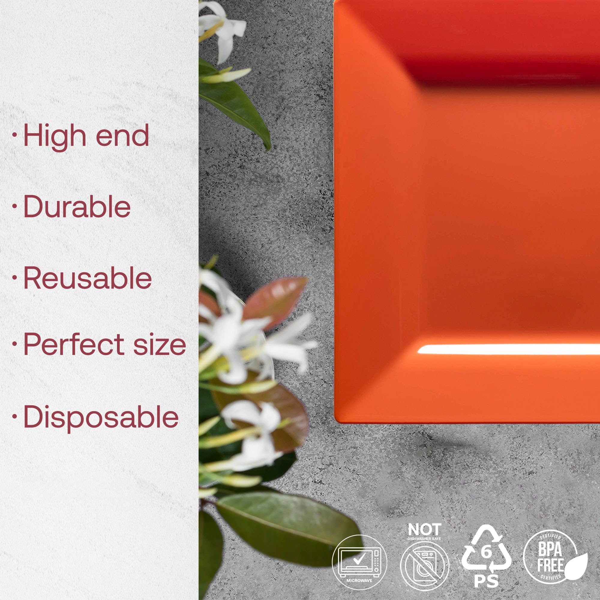 Smarty Had A Party Disposable Plastic Dinnerware, 9.5" Heavy Duty Square Orange Plates for Parties and Events, Bulk Supplies for All Occasions (120