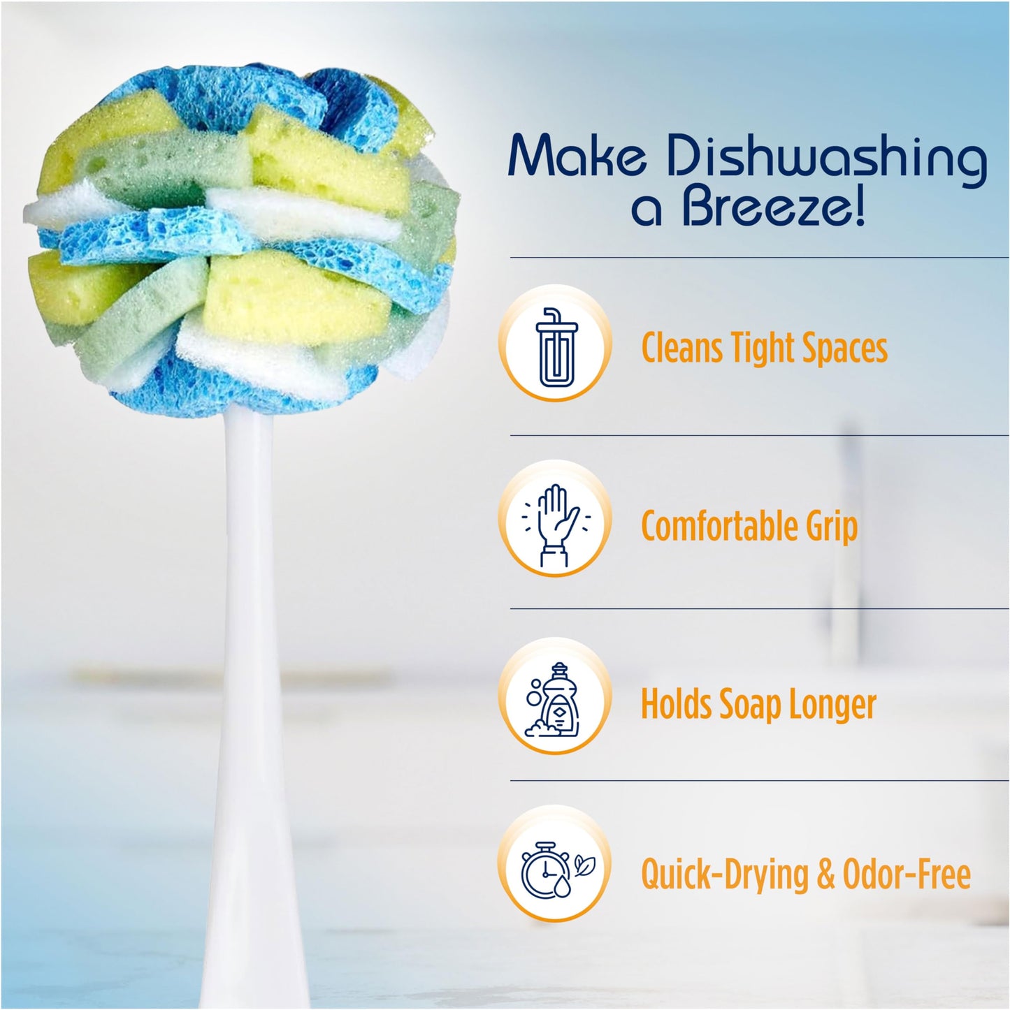Compac Home Dish SpongeWand Plus Tri Surface Scrubbing Sponge with Cello Foam Scour Sponge Petals, Cleans Dishes, Glassware 360 Scrubber Pads