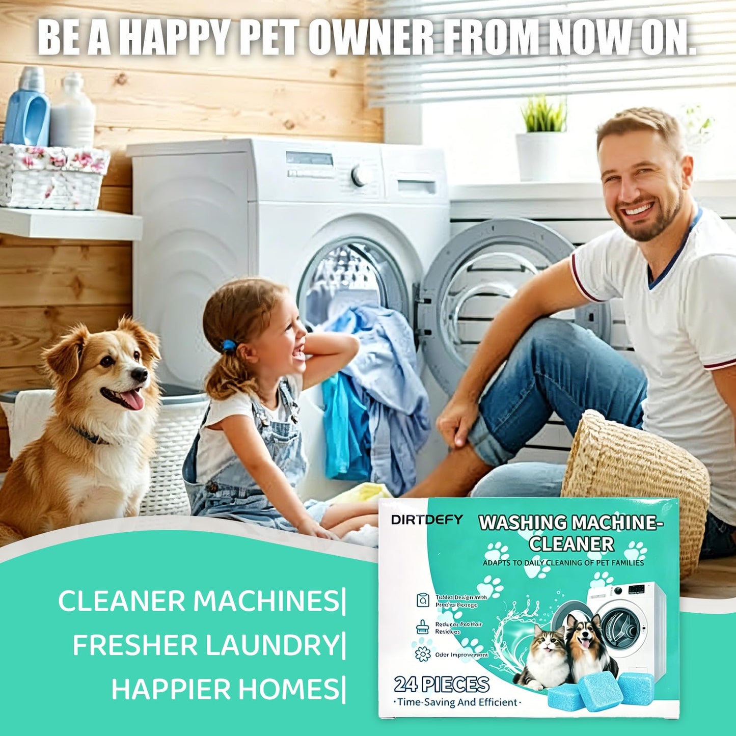 DIRTDEFY Washing Machine Cleaner Tablets, Deep Descaler Removes Pet Hair, Urine, Odor & Residue, 24 Septic-Safe Tablets for Top Load, Front Load & HE