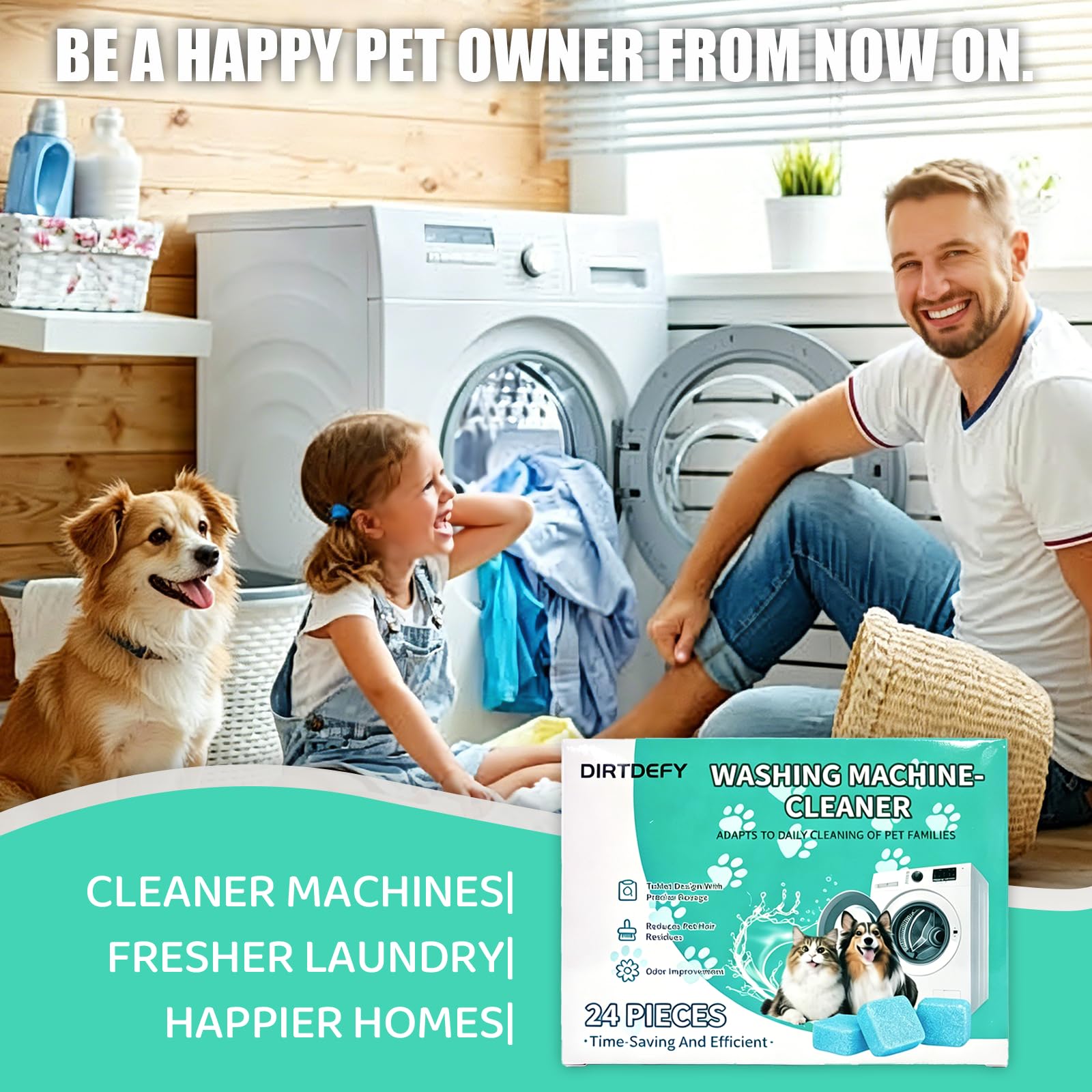 DIRTDEFY Washing Machine Cleaner Tablets, Deep Descaler Removes Pet Hair, Urine, Odor & Residue, 24 Septic-Safe Tablets for Top Load, Front Load & HE