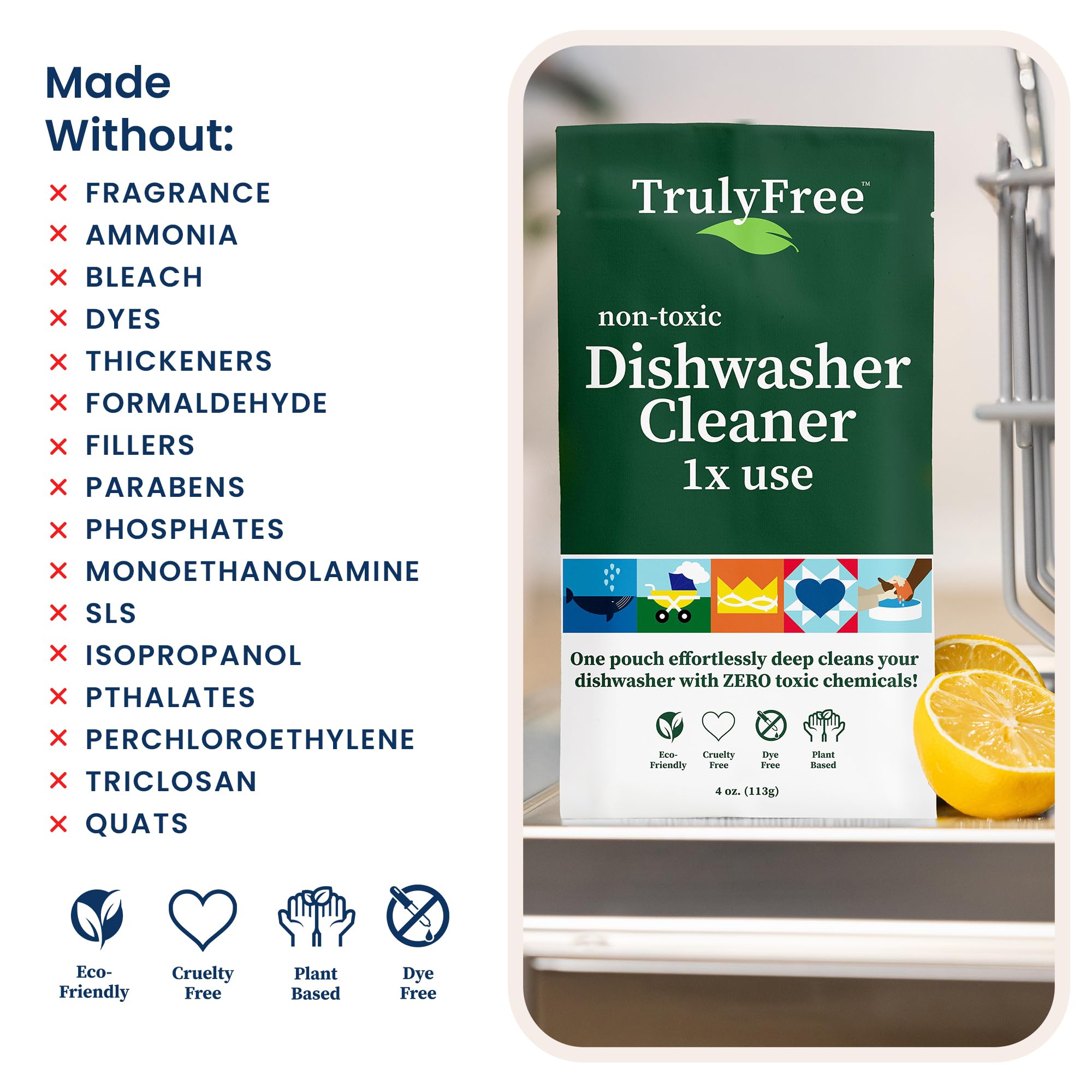 Truly Free Natural Dishwasher Cleaner - Dish Washer Machine Descaler, Fights Grease & Limescale, Hard Water Stain Remover, Smell Eliminator for Clean