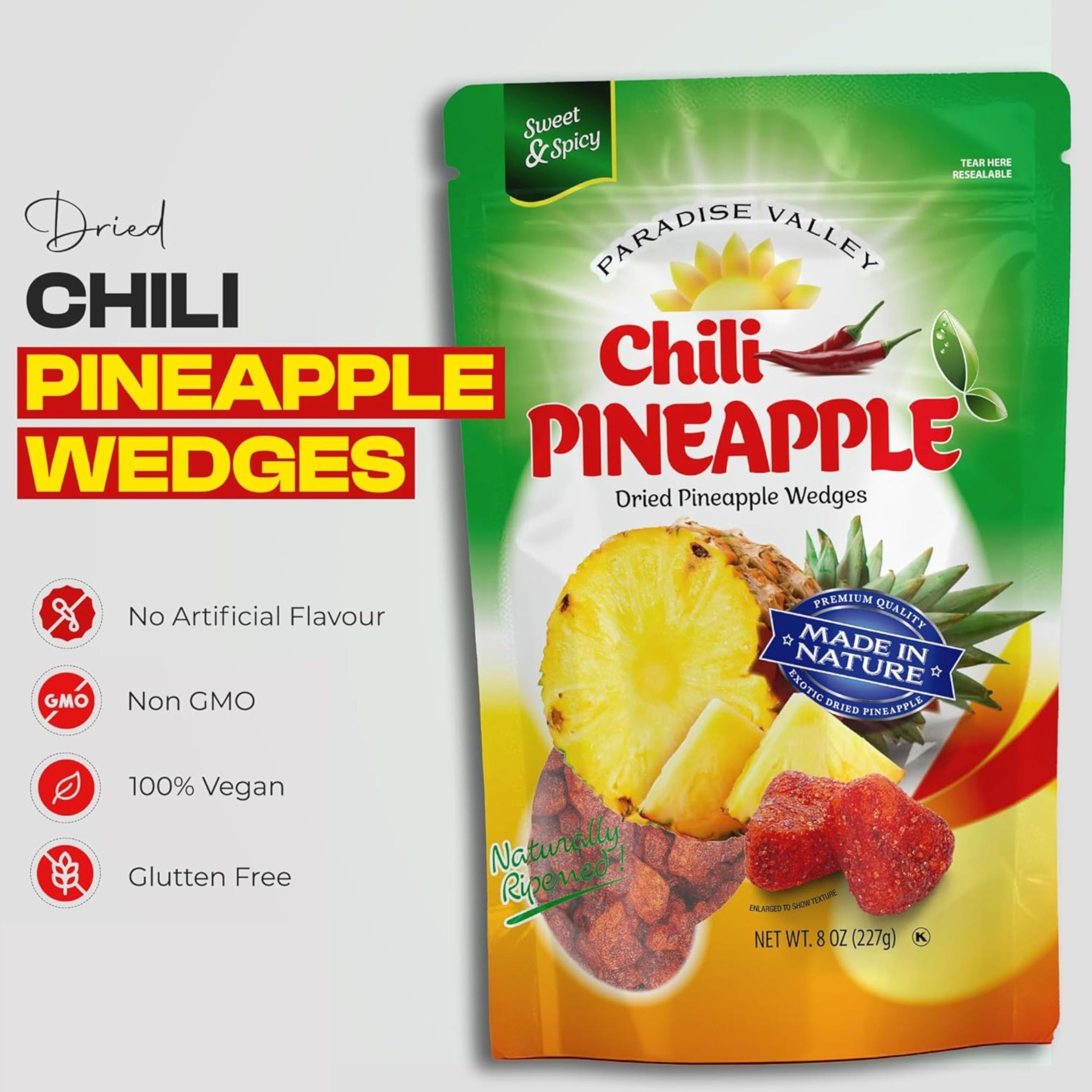 Dried Chili Pineapple Original Flavor,100% Vagan, Non-GMO, Glutten Free (All Natural Ingredients) Reseable Bag (8 OZ)