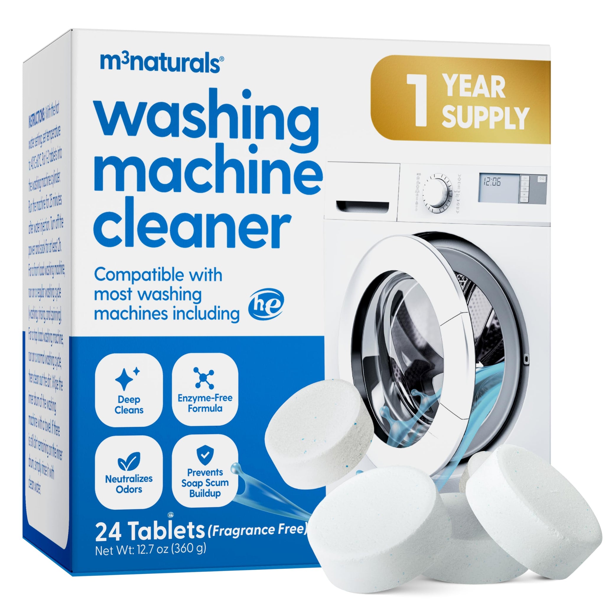 M3 Naturals Washing Machine Cleaner Tablets - Oxygen Based HE Top & Front Load Washer Cleaner and Deodorizer Compatible with LG Whirlpool & Most Major