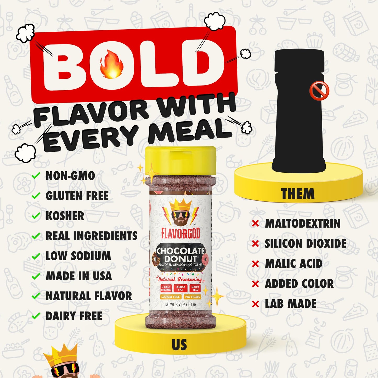 Flavor God Munchies Combo Pack Of 4, Seasoning Gift Set, Taco Tuesday, Pizza, Buttery Cinnamon Roll, Chocolate Donut, Natural Healthy Spice Blend, Low
