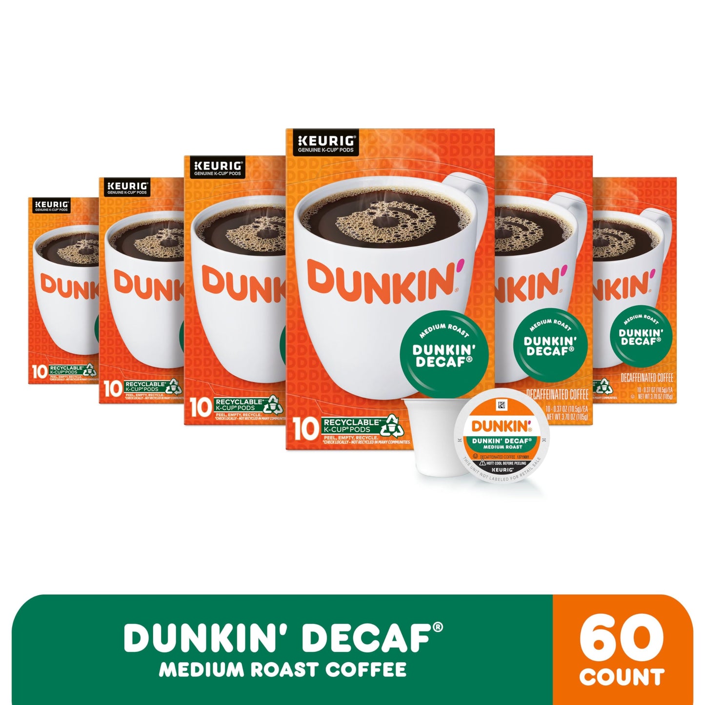 Dunkin’ Decaf Medium Roast Coffee, Keurig K-Cup Pods, 10 Count Boxes (Pack of 6)