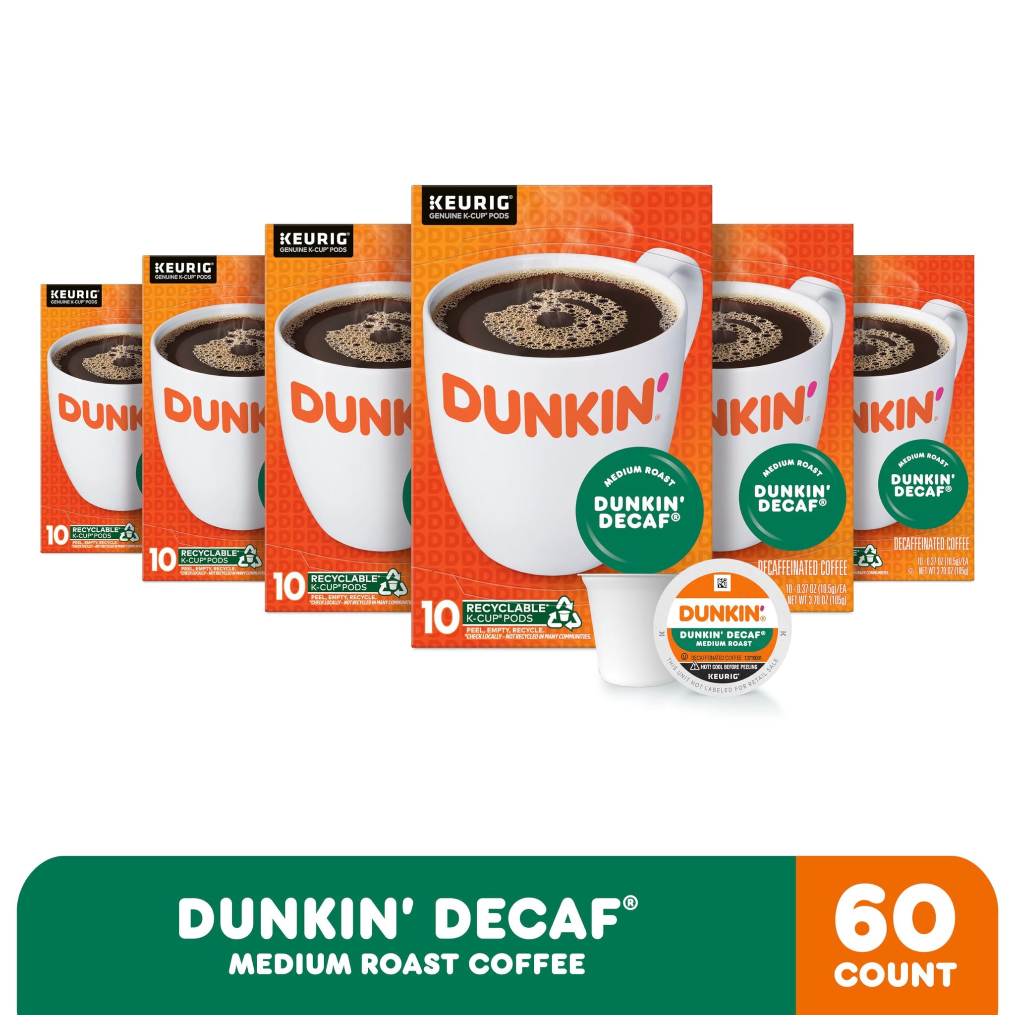 Dunkin’ Decaf Medium Roast Coffee, Keurig K-Cup Pods, 10 Count Boxes (Pack of 6)