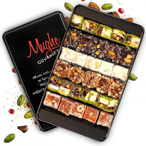 Mughe Gourmet Sultan Turkish Delight Gift Box, 650g (1.44lb) - Authentic Pistachio, Orange, Hazelnut and Almond Lokum - Vegan, Halal Mediterranean