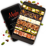 Mughe Gourmet Sultan Turkish Delight Gift Box, 650g (1.44lb) - Authentic Pistachio, Orange, Hazelnut and Almond Lokum - Vegan, Halal Mediterranean