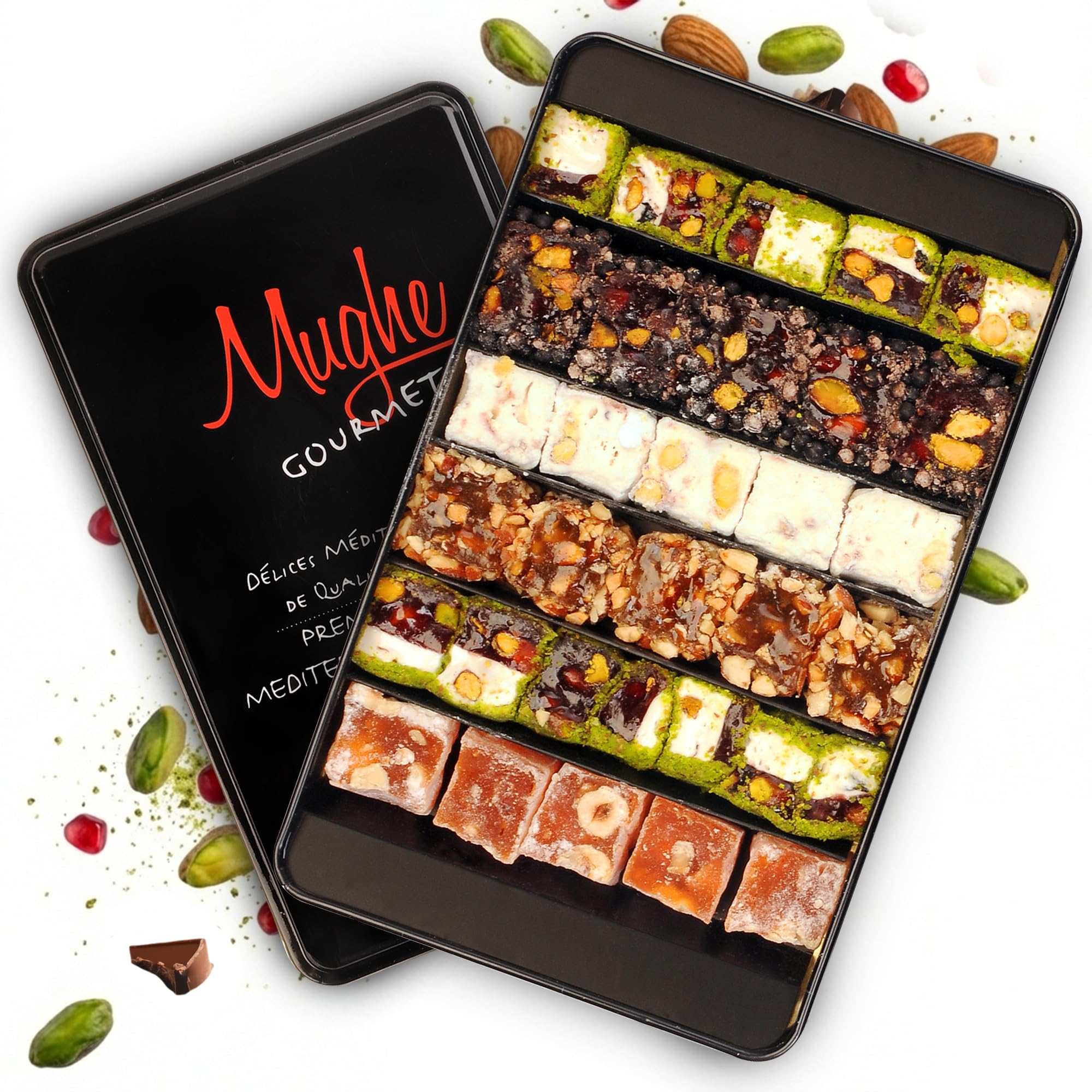 Mughe Gourmet Sultan Turkish Delight Gift Box, 650g (1.44lb) - Authentic Pistachio, Orange, Hazelnut and Almond Lokum - Vegan, Halal Mediterranean