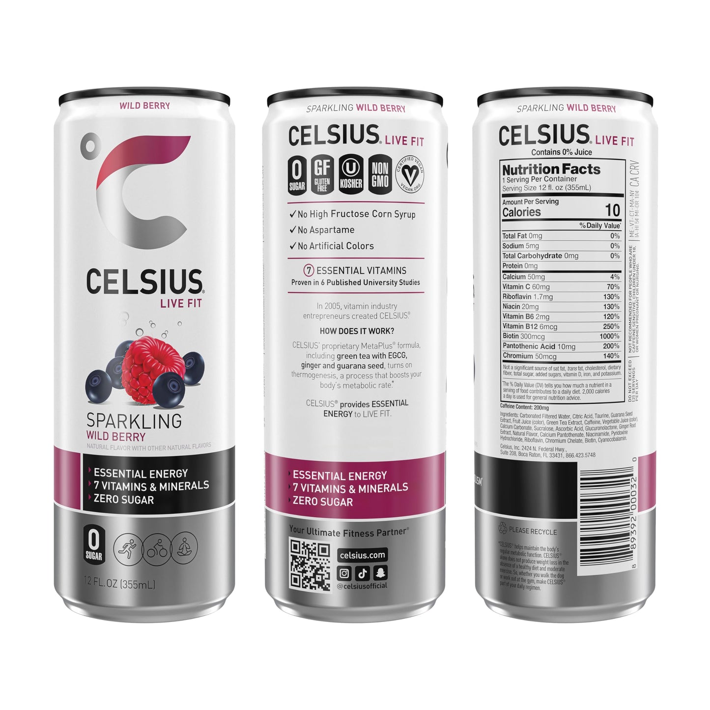 CELSIUS Sparkling Wild Berry Energy Drink, 12 Fl Oz Cans, 4 Pack