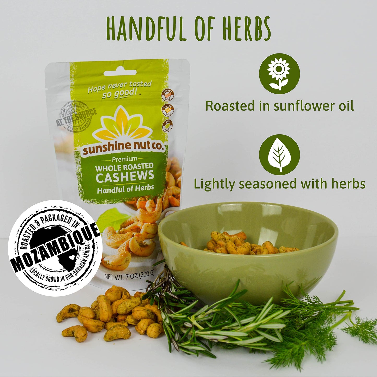Sunshine Nut Company Whole Roasted Lightly Salted Cashews, Handful of Herbs Flavor, 2 Pack, 7 oz. Each, Gluten Free, Peanut Free and Vegan Individual