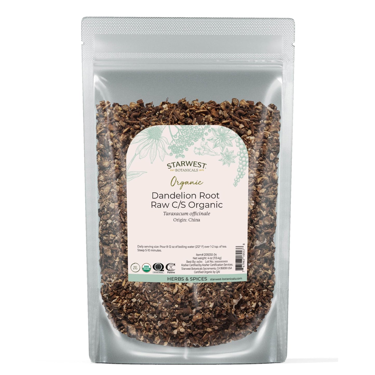 Starwest Botanicals Organic Raw Dandelion Root - Loose Leaf Herbal Tea, Cut & Sifted, Certified Kosher, Non-GMO, Caffeine-Free - 4 oz Pouch