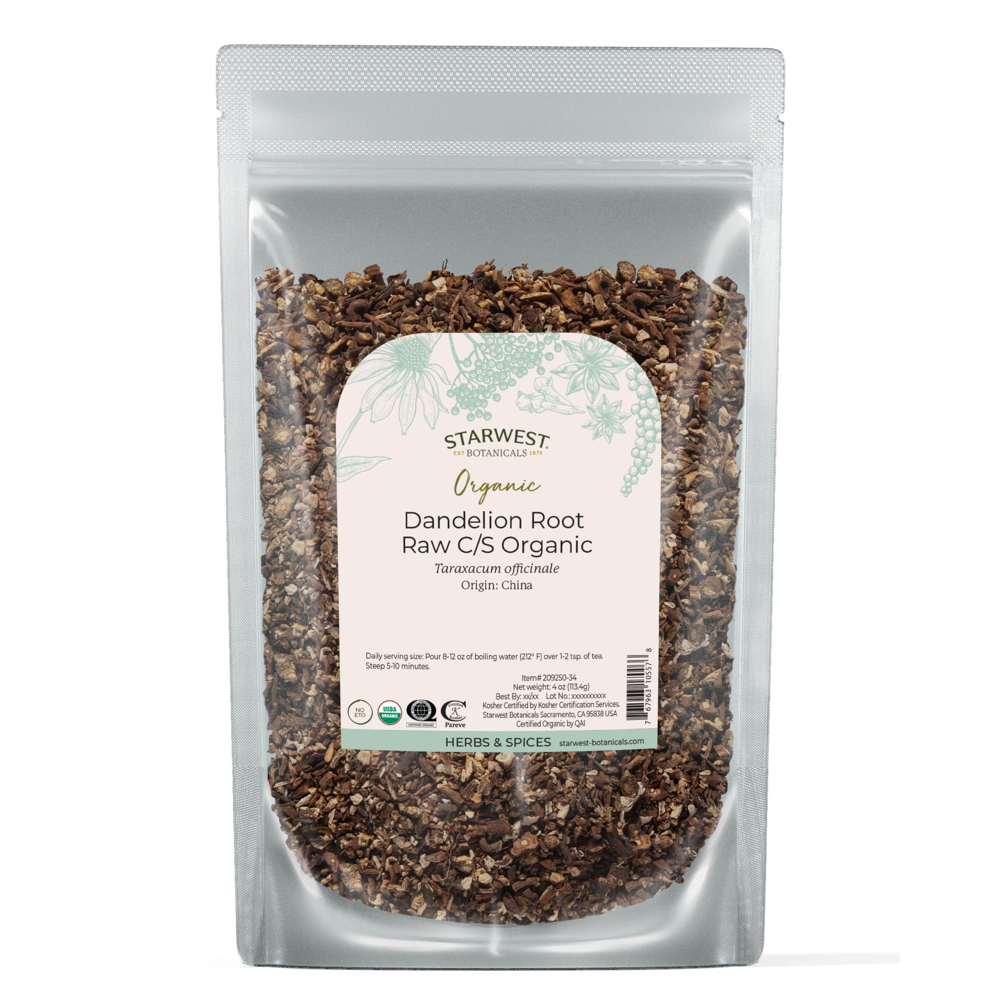 Starwest Botanicals Organic Raw Dandelion Root - Loose Leaf Herbal Tea, Cut & Sifted, Certified Kosher, Non-GMO, Caffeine-Free - 4 oz Pouch