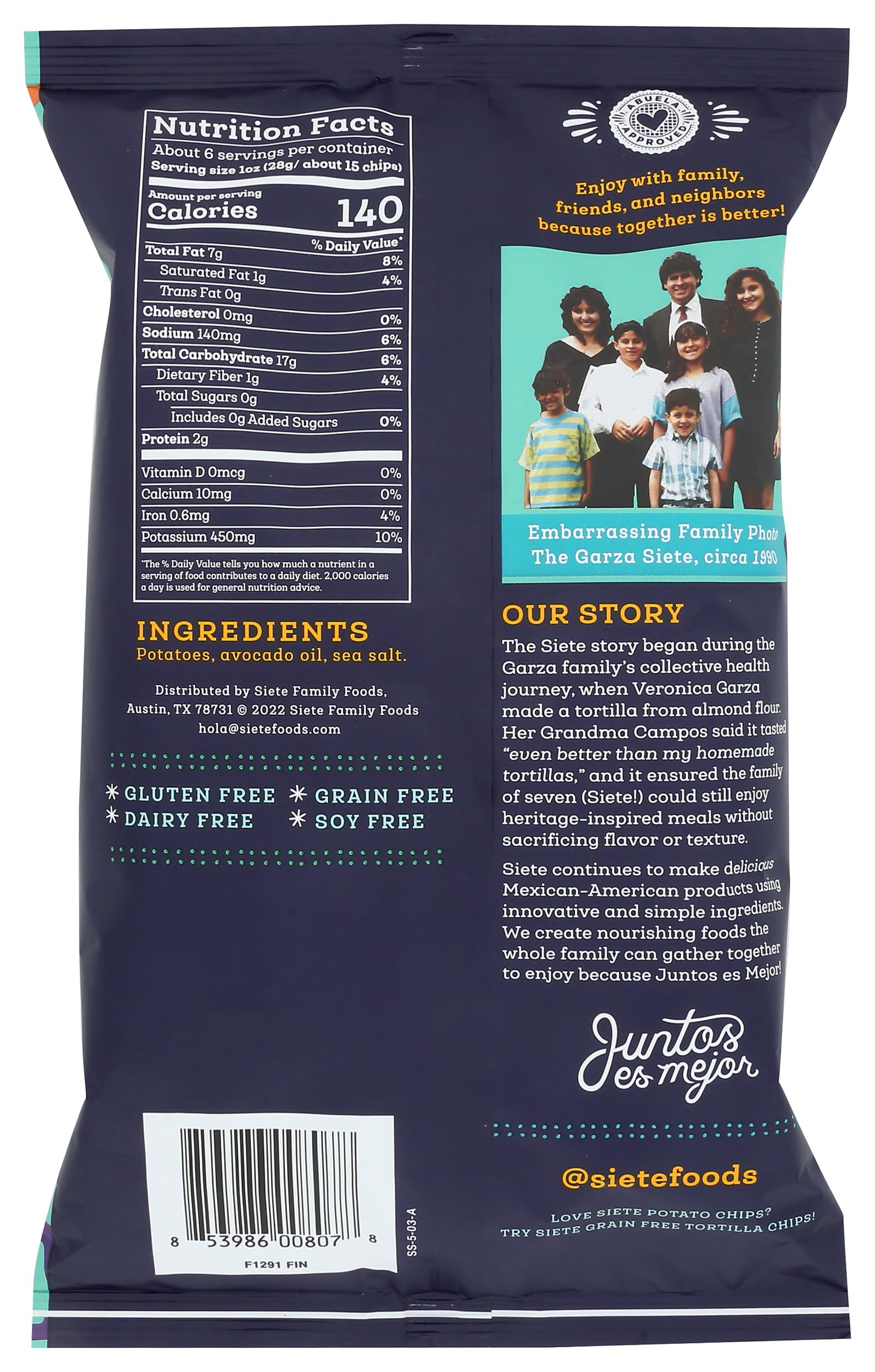 Siete Family Foods Sea Salt Potato Chips, 5.5 oz Bag
