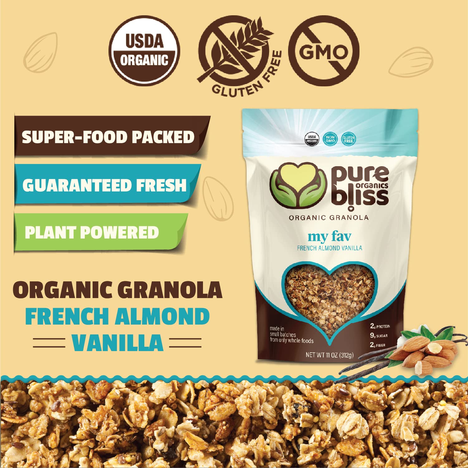 Pure Bliss Organic My FAV Granola (French Vanilla Almond) Certified Organic and Gluten Free, Non-GMO, Great Tasting Natural Healthy Snack, Small Batch