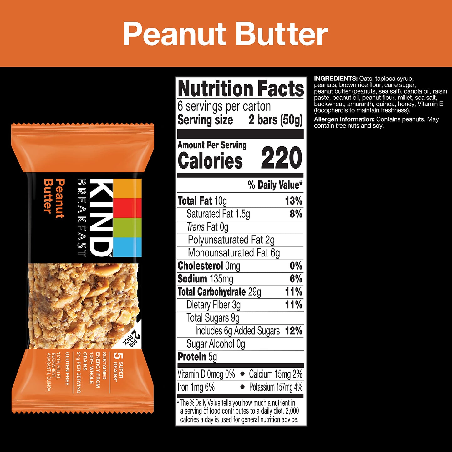KIND Breakfast Bars, Peanut Butter, Healthy Snacks, Gluten Free, 100% Whole Grains, 5g Protein, 30 Count