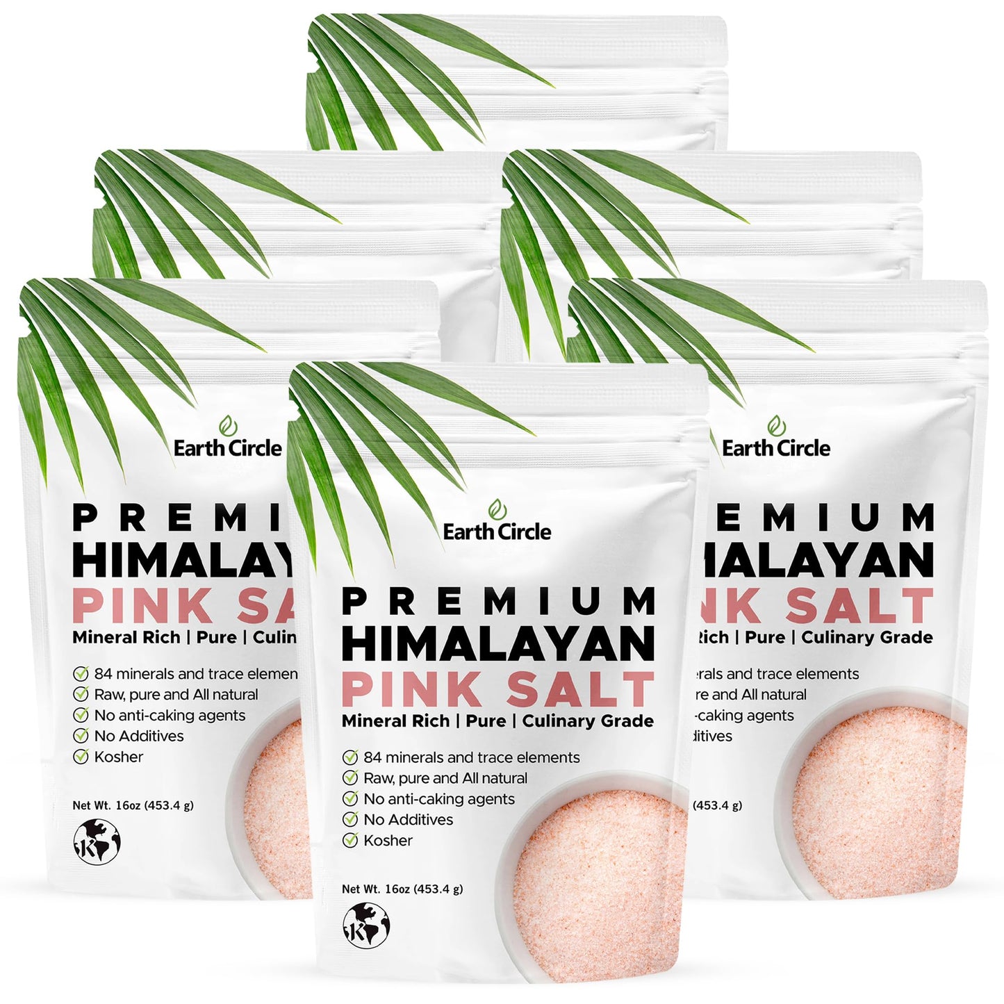 Earth Circle Premium Himalayan Unrefined Pink Fine Grain Salt, Pure Culinary Grade - Kosher, Nutrient and Mineral Dense, 1 Pound (Pack of 6)