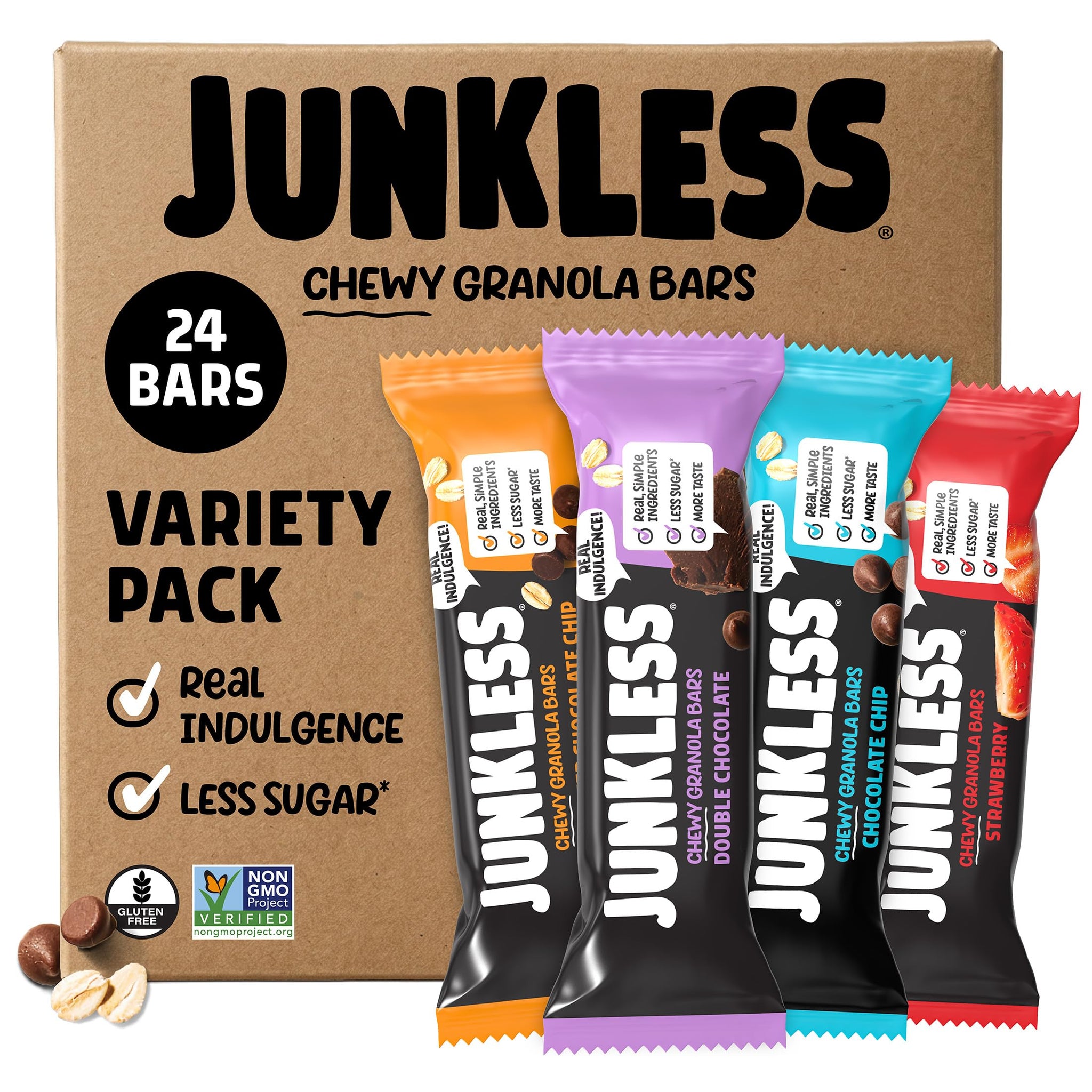 JUNKLESS Fan Favorites Chewy Granola Bars - Bulk Variety Pack, Gluten-Free, Non-GMO, Lower Sugar, Healthy Snacks for Kids & Adults, 4 Boxes (24 Bars)
