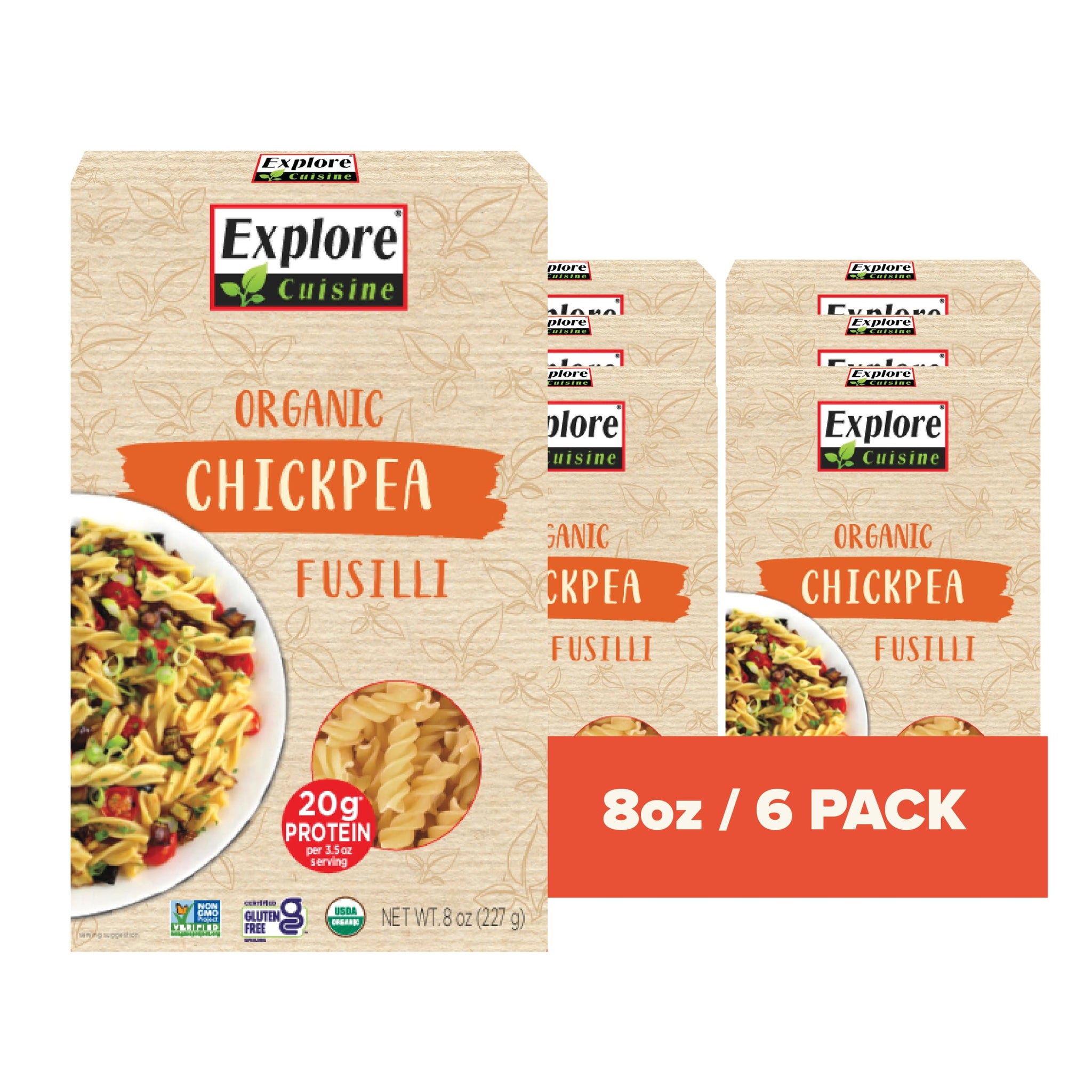 Explore Cuisine Organic Chickpea Fusilli - Pack of 6 (8 oz) - Easy-to-Make Gluten Free Chickpea Pasta - High in Plant Protein & Fiber - Non-GMO - 24