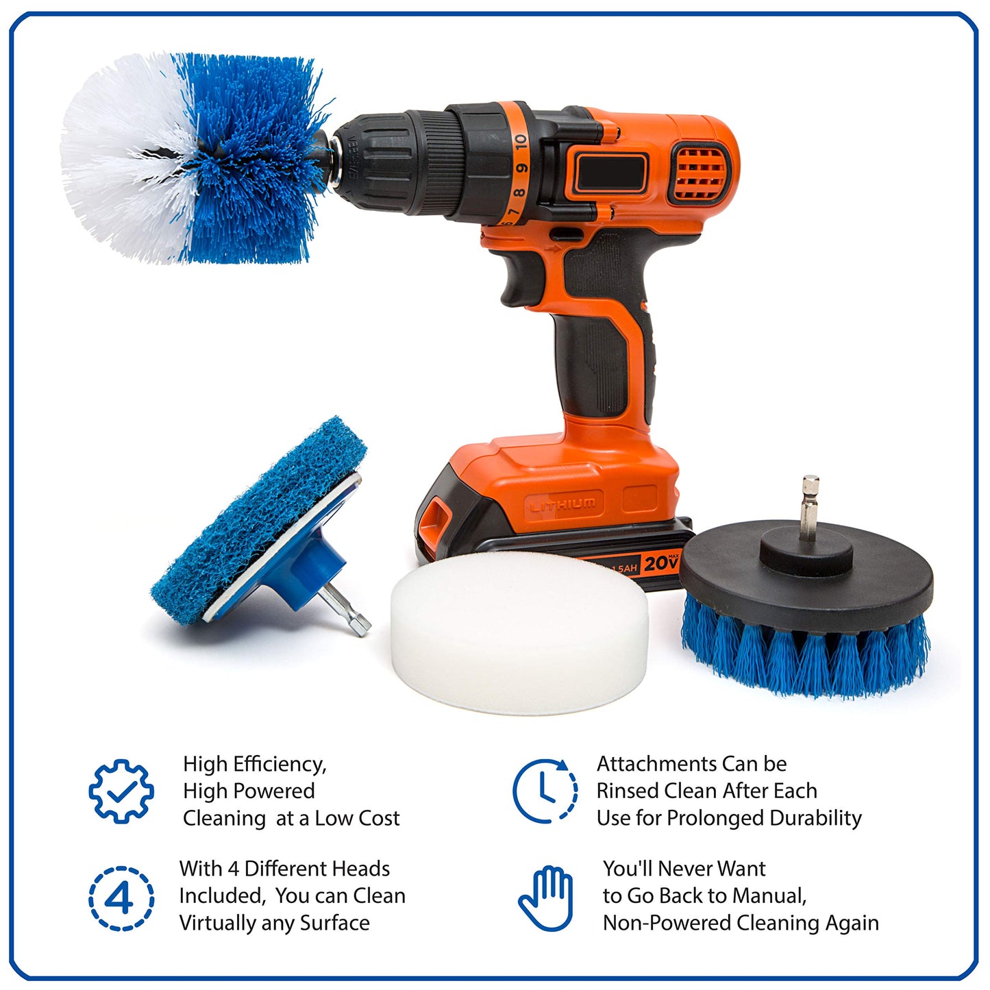RevoClean 4 Piece Scrub Brush Power Drill Attachments-All Purpose Time Saving Kit-Perfect for Cleaning Grout, Tile, Counter, Shower, Grill, Floor