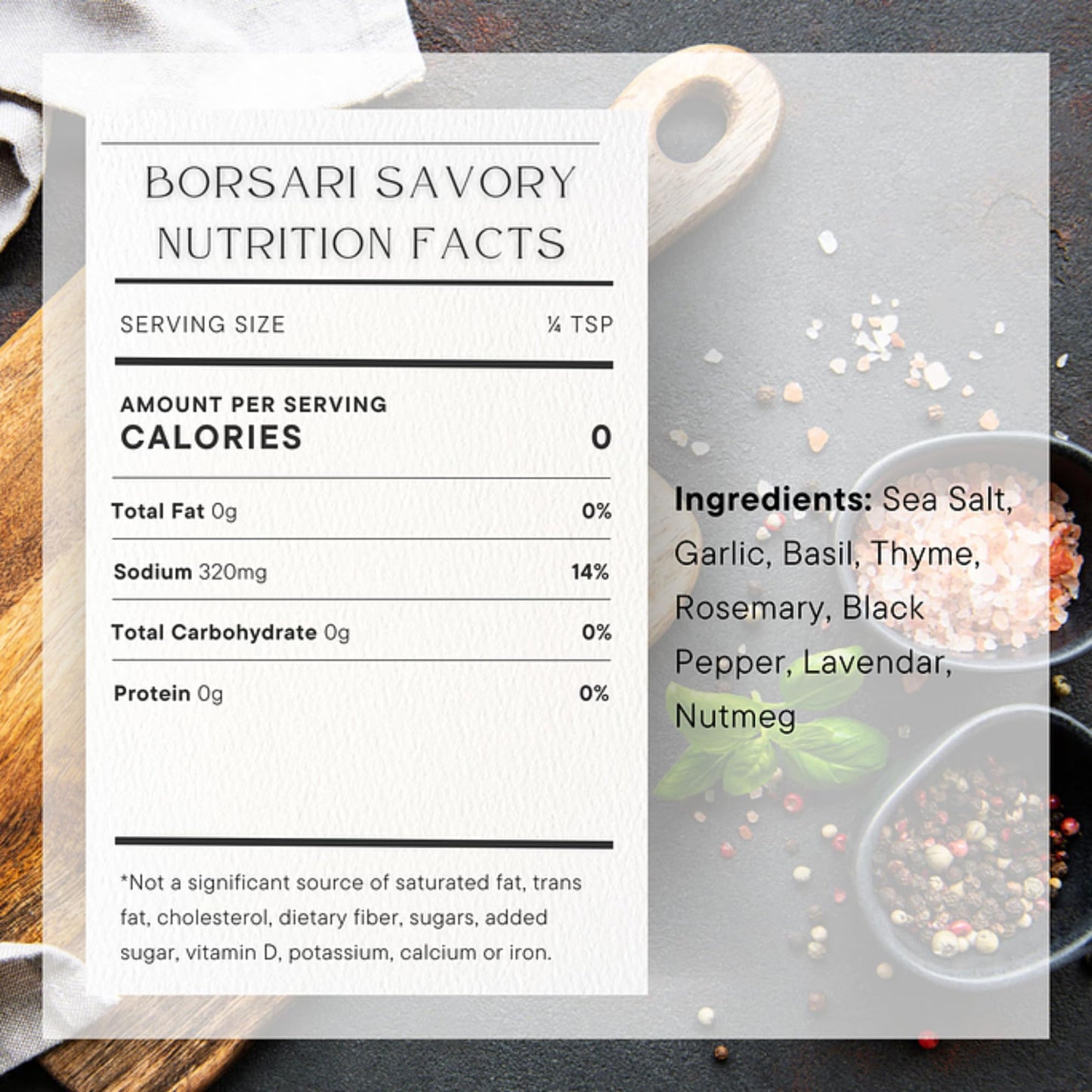Borsari Savory Seasoned Salt Blend - Gourmet Sea Salt With Fresh Herbs and Spices - All Natural All Purpose Seasoning With Thyme and Lavender - 4 oz