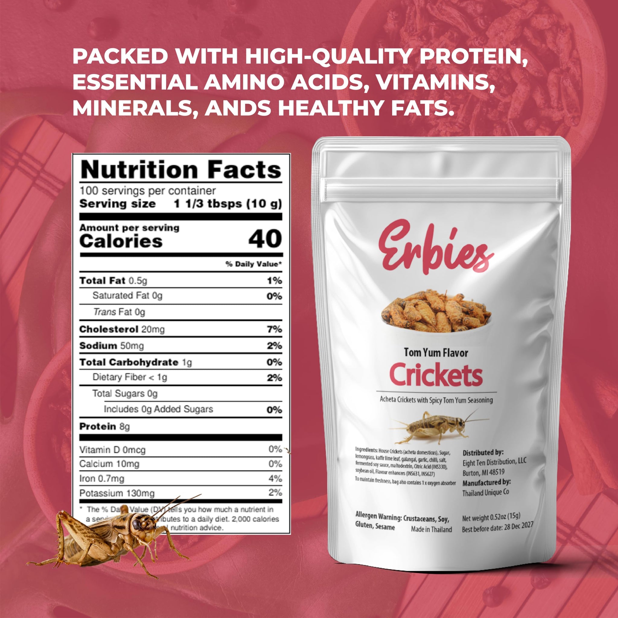 Erbies Edible Crickets for Humans, Exotic Food Bug Snacks & High Protein Edible Cricket Snacks for Humans, Tom Yum Flavor 15g Bag