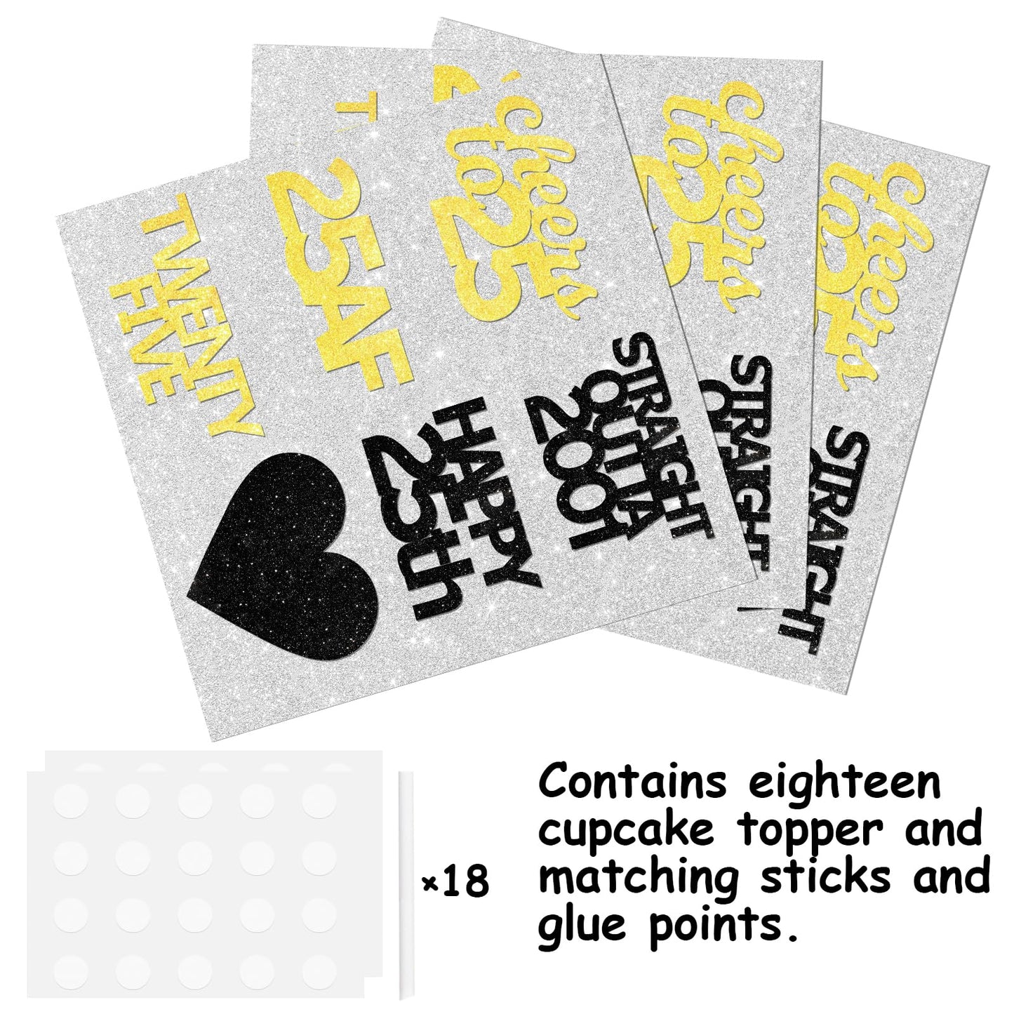 18pcs Black Gold Glitter Dessert Cupcake Pick for Straight Outta 2001 Cheer to 25 Years Old Theme Decor Supplies Happy 25th Birthday Party Decoration