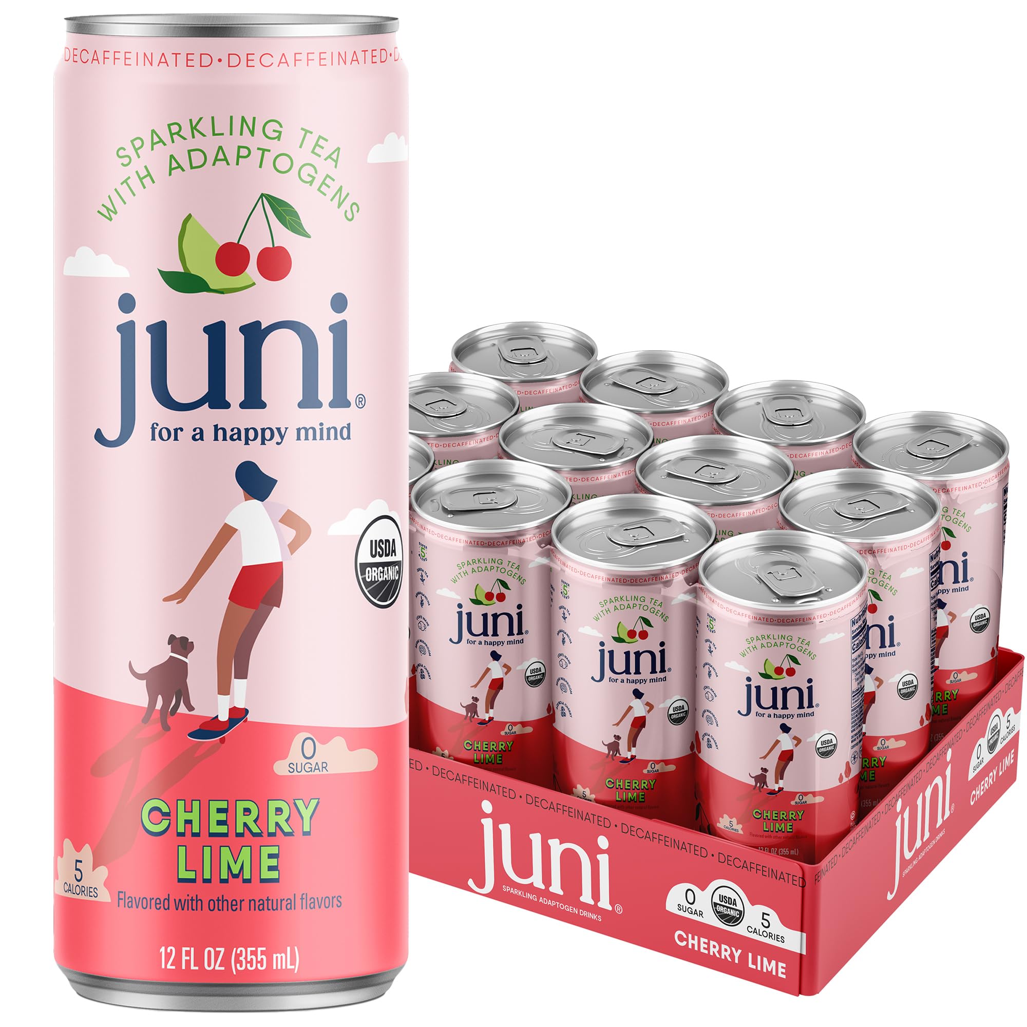Juni Sparkling Adaptogen Drink with Ashwagandha, Lion’s Mane & Reishi Mushrooms | Green Tea for Focus, Zero Sugar, 5 Calories | Decaffeinated, Non