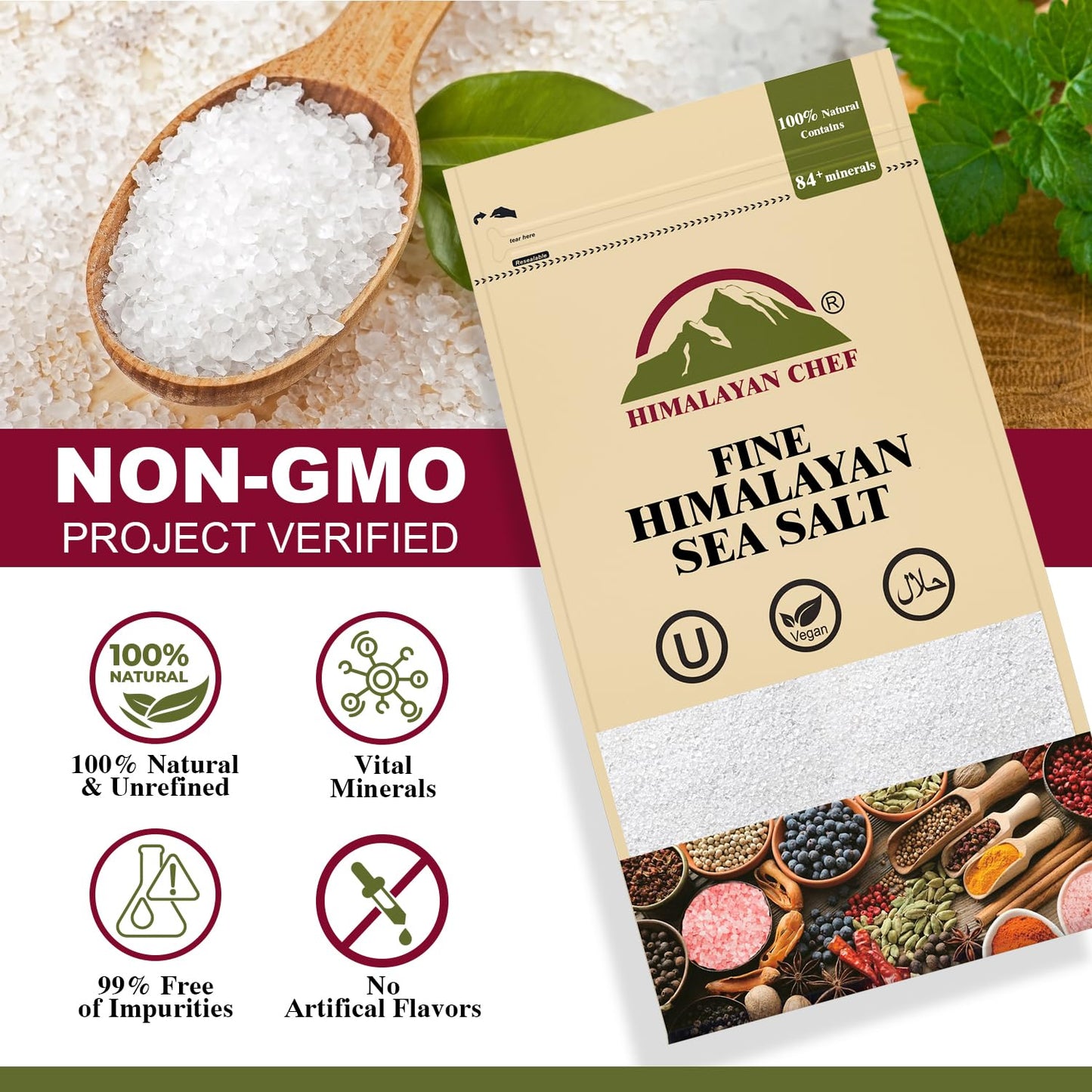 Himalayan Chef Sea Salt, All-Natural Fine Grain, 192 Ounce Sea Salt, Non-Iodized, No Additives, Unrefined Mineral Salt for Daily Cooking, 3 lbs/Each