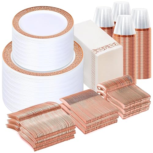 Sylans 700PCS Rose Gold Lace Disposable Dinnerware Set for 100 Guests, Plastic Plates Set Elegant Heavy Duty 200 Dinner Dessert Plates, 100