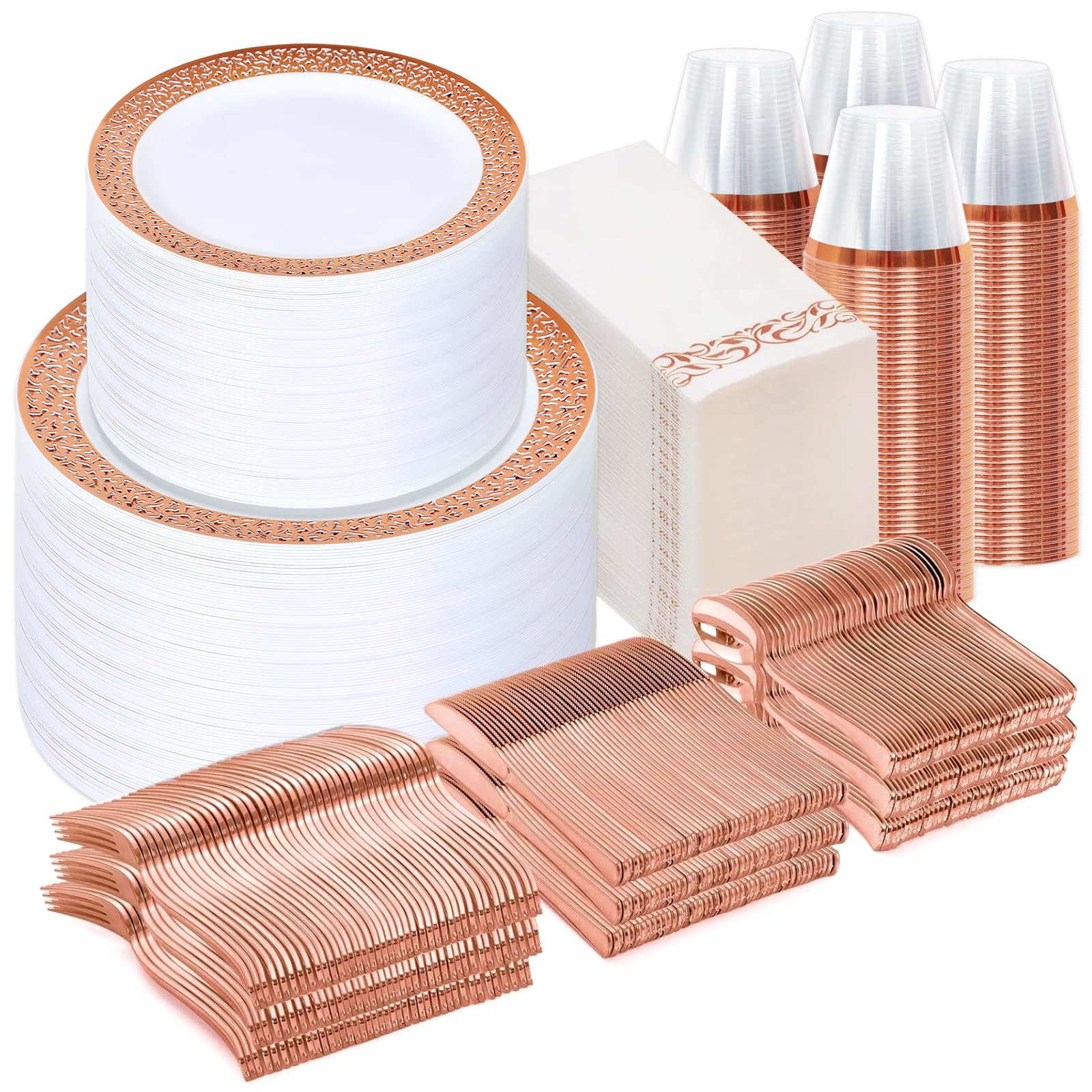 Sylans 700PCS Rose Gold Lace Disposable Dinnerware Set for 100 Guests, Plastic Plates Set Elegant Heavy Duty 200 Dinner Dessert Plates, 100