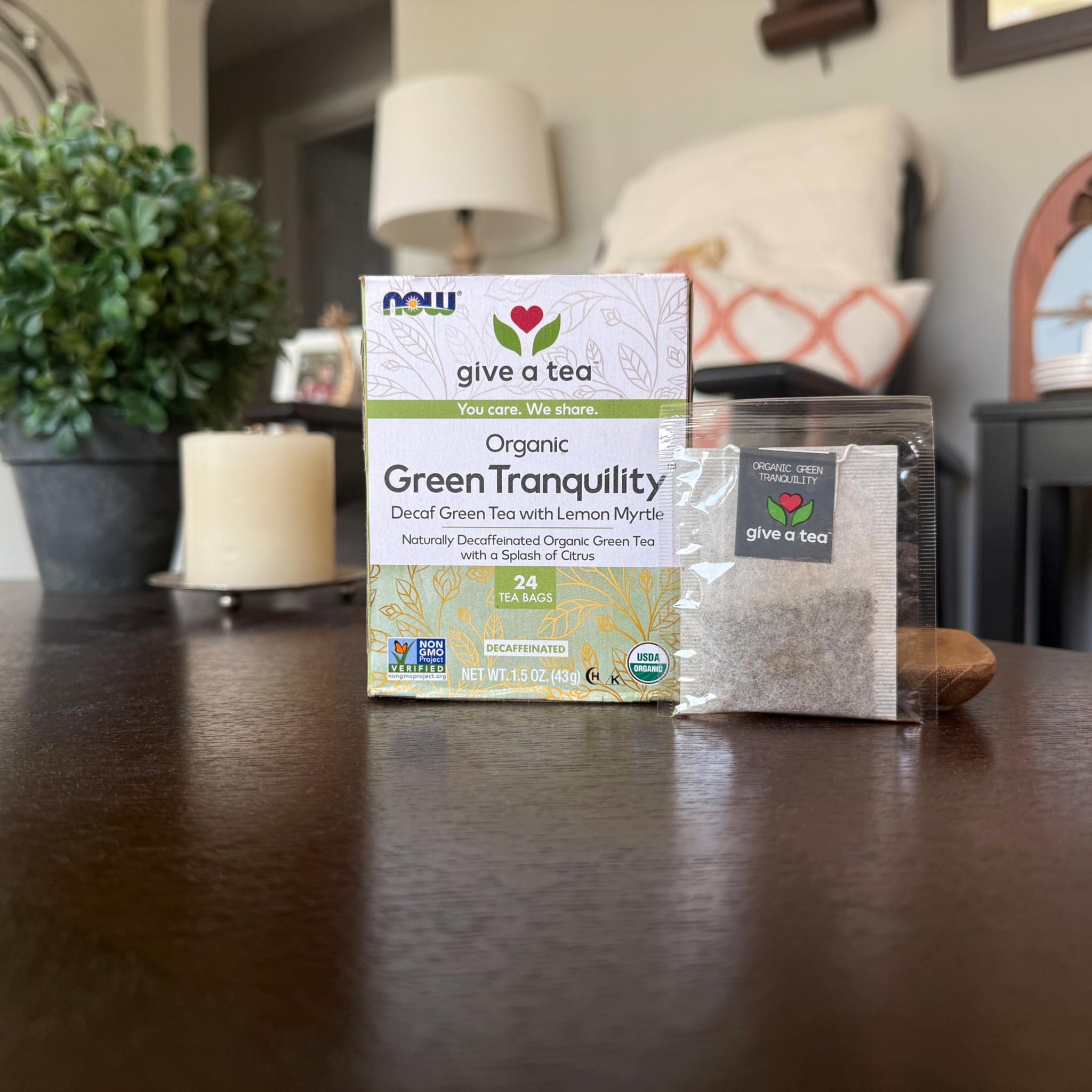 NOW Foods, Certified Organic Green Tranquility™ Tea, Decaf Green with Lemon Myrtle, Non-GMO, Premium Unbleached Tea Bags with No-Staples Design