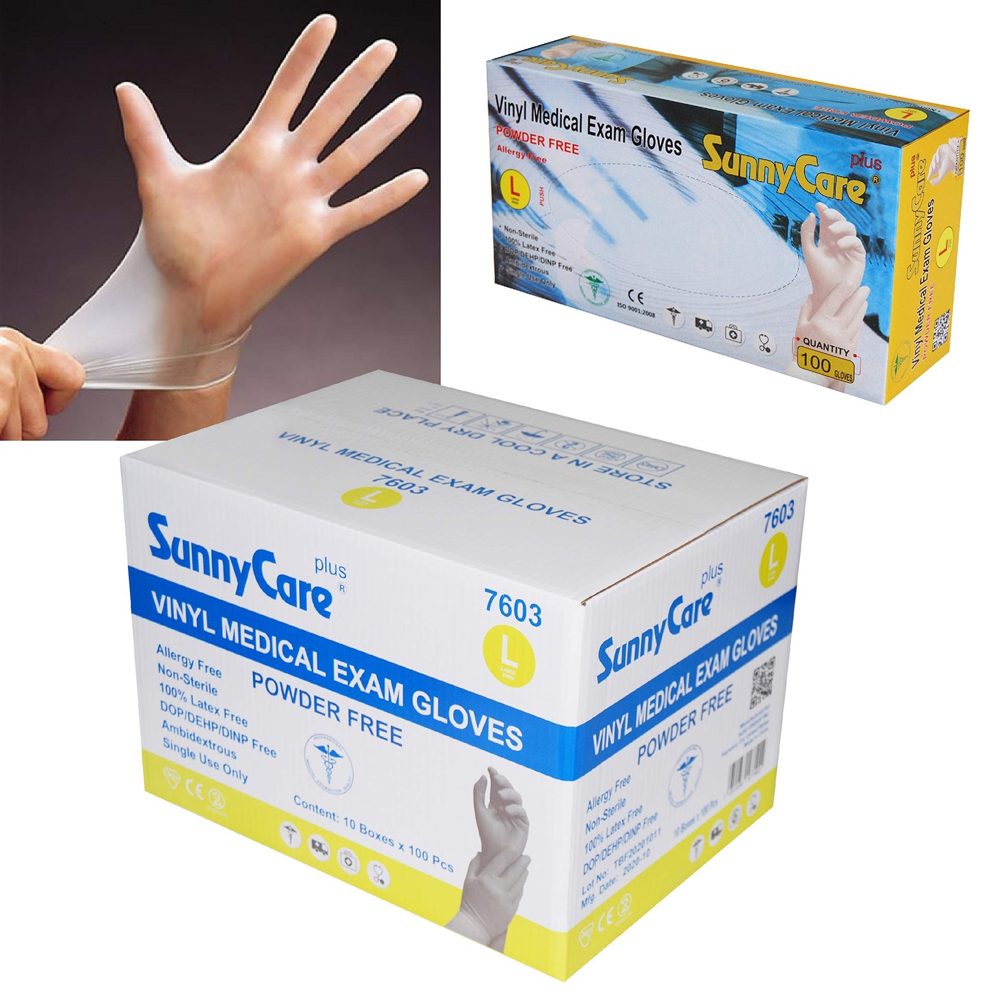 SunnyCare #7603 Vinyl Medical Exam Gloves Powder Free Size: Large 1000pcs/case ;100pcs/box;10boxes/case