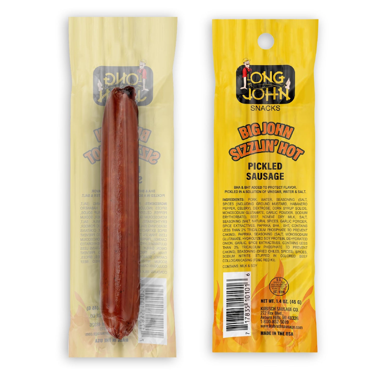 Long John Snacks Sizzlin' Hot Pickled Sausage - Smoked Gourmet Meat Stick - Hot Pickled Sausages High Protein Snack - Premium USA Pork and Beef Sticks
