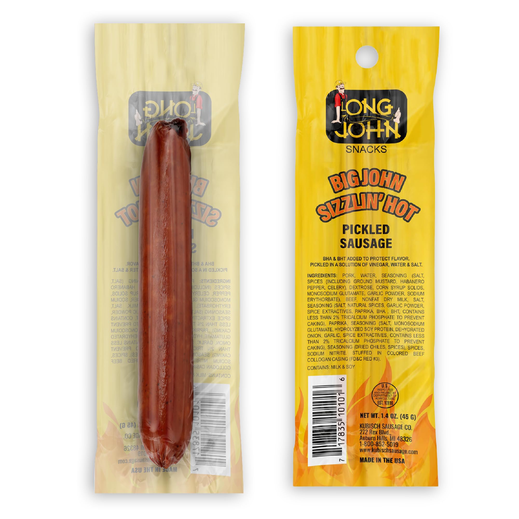 Long John Snacks Sizzlin' Hot Pickled Sausage - Smoked Gourmet Meat Stick - Hot Pickled Sausages High Protein Snack - Premium USA Pork and Beef Sticks