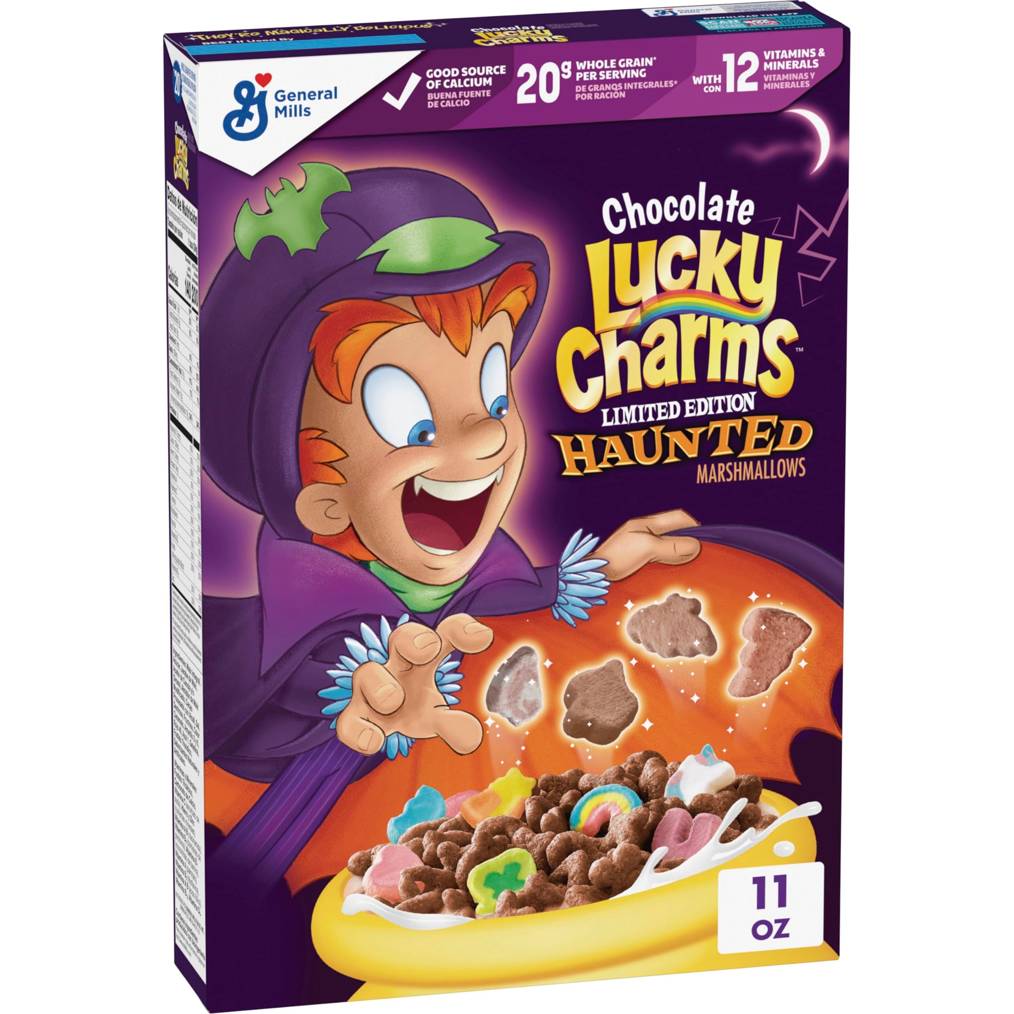 Chocolate Lucky Charms Cereal with Haunted Marshmallows, Naturally Flavored Kids Breakfast Cereal, Halloween Edition, Made with Whole Grain, 11 oz