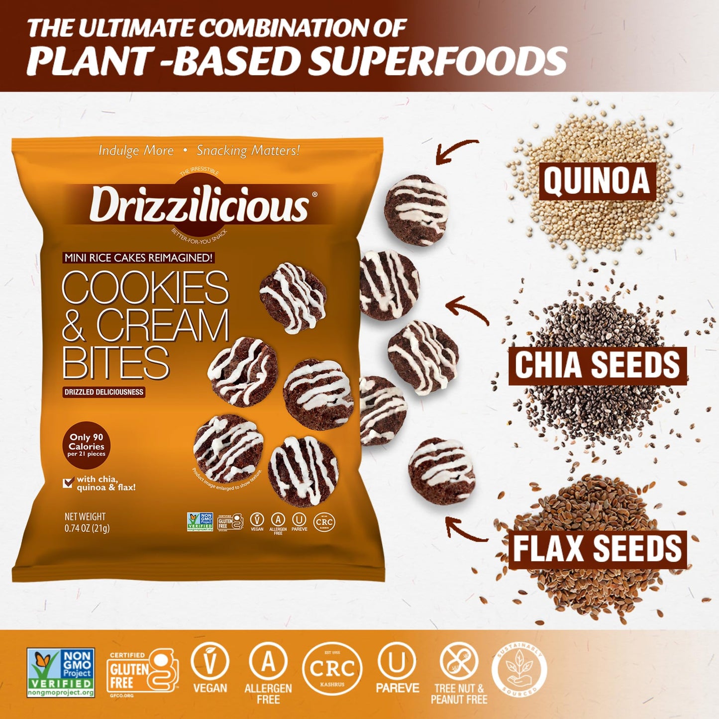 Drizzilicious Mini Flavored Rice Cakes Cookies & Cream - Rice Crisps, Healthy Snack for Adults and Kids, Vegan, Gluten Free Snack, Allergen Free, Only