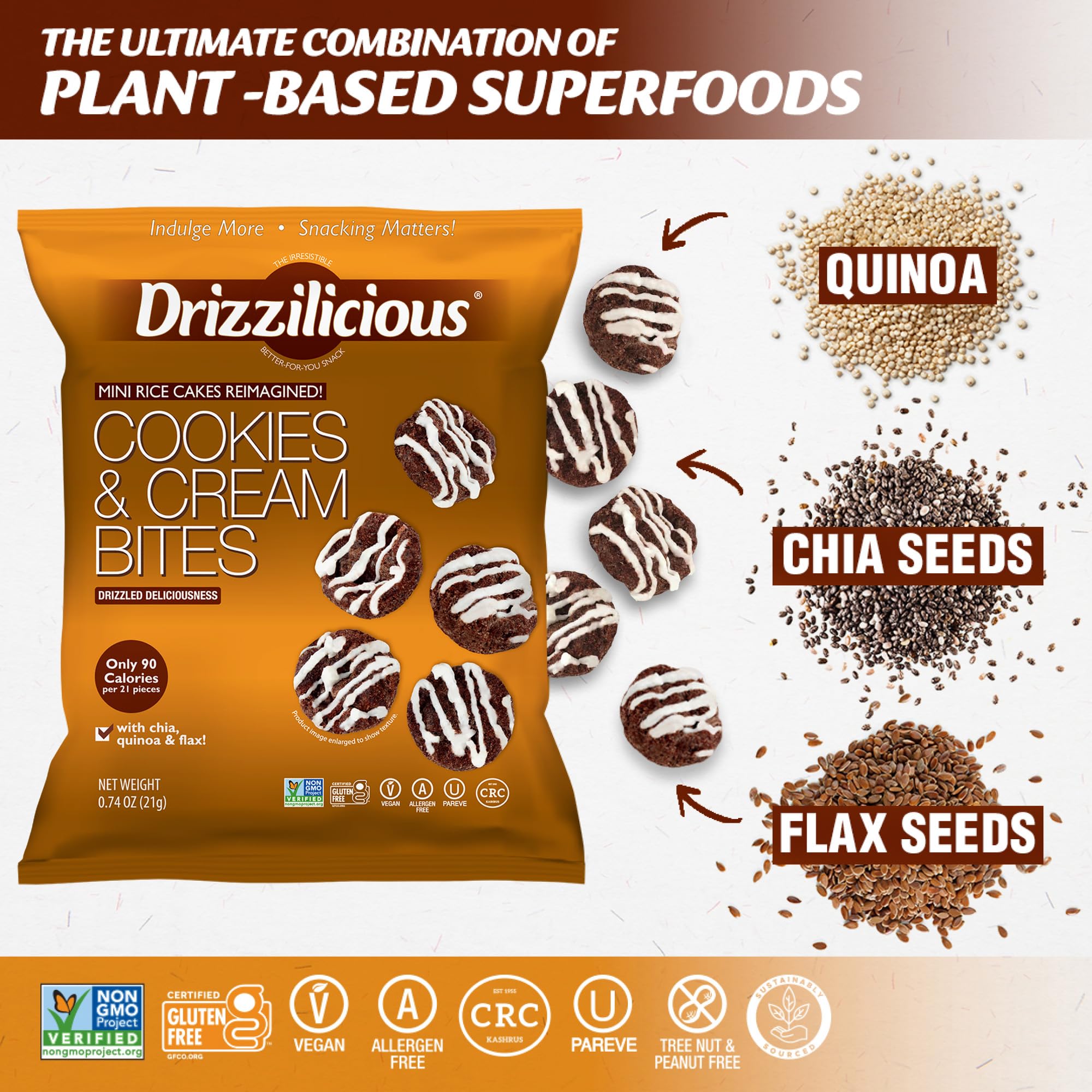 Drizzilicious Mini Flavored Rice Cakes Cookies & Cream - Rice Crisps, Healthy Snack for Adults and Kids, Vegan, Gluten Free Snack, Allergen Free, Only