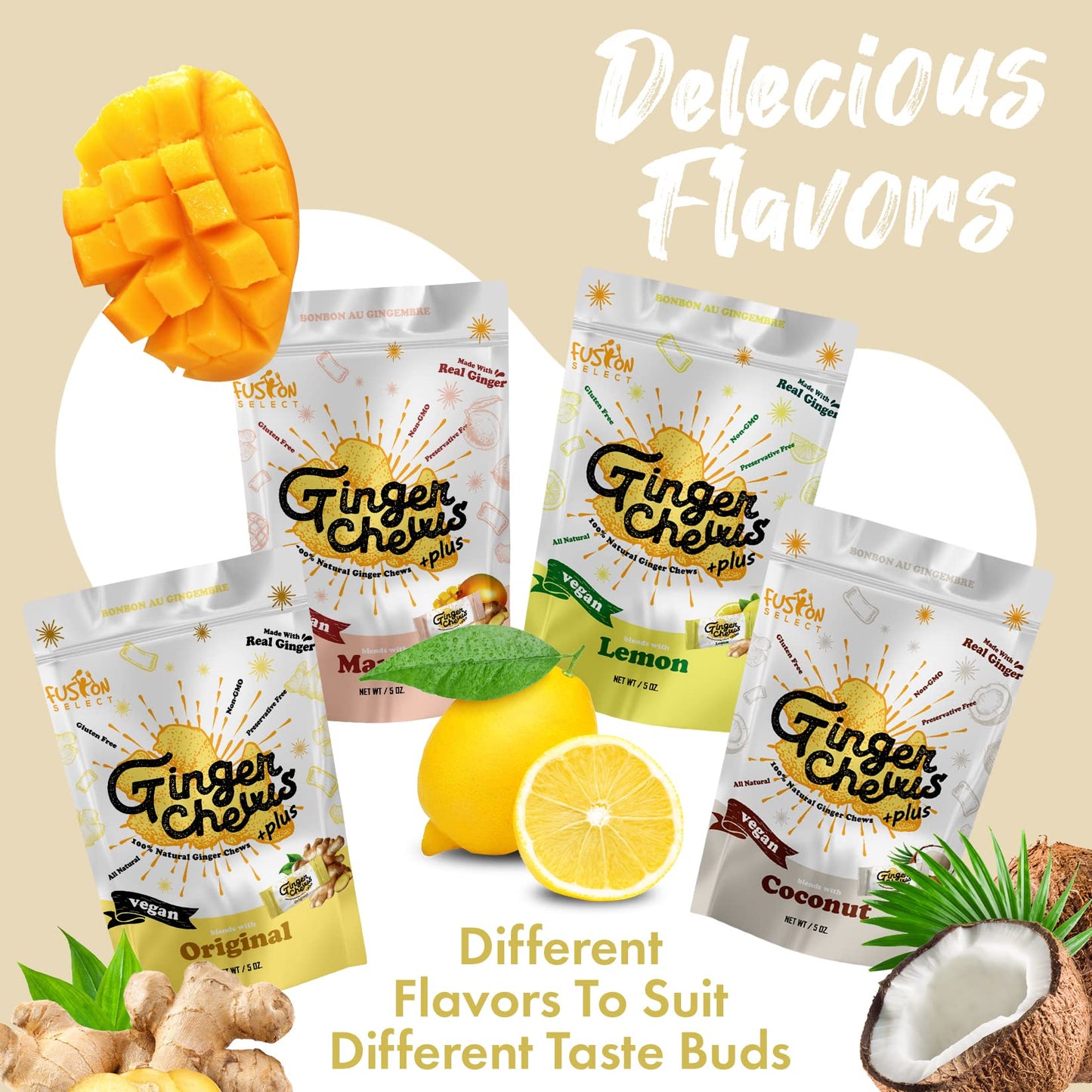 Fusion Select Original Ginger Chews - Sweet Soft Candied Delights From Indonesia - Promotes Relief From Morning Sickness, Upset Stomach - Made from