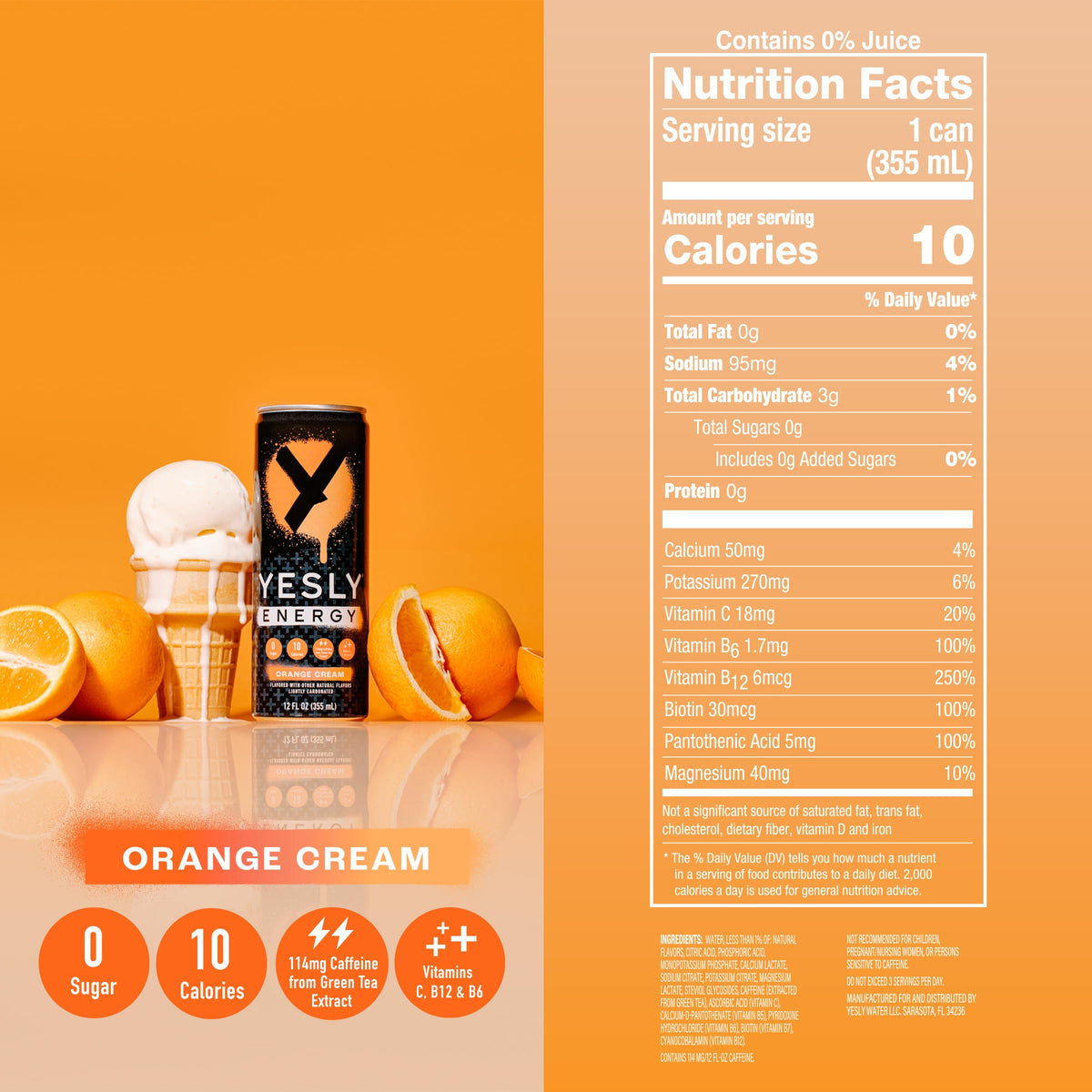 Yesly Energy Drink, Orange Cream, Naturally Flavored Sparkling Energy Drink With Electrolytes, Magnesium, Potassium, Vitamin C, B6 & B12, Natural