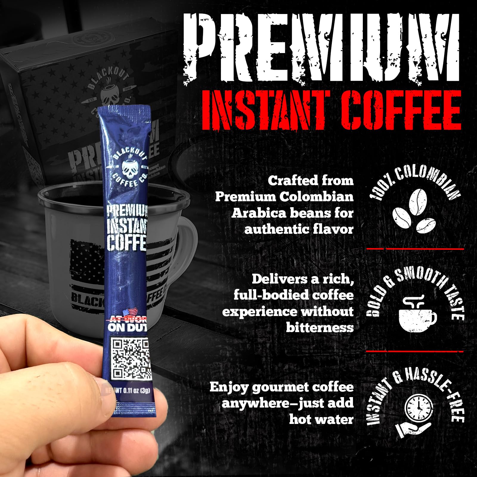 Blackout Coffee Colombian Arabica Instant Coffee - Medium Roast, Strong Aromatic, Single Serve Packets - Premium Quality 32 Count.
