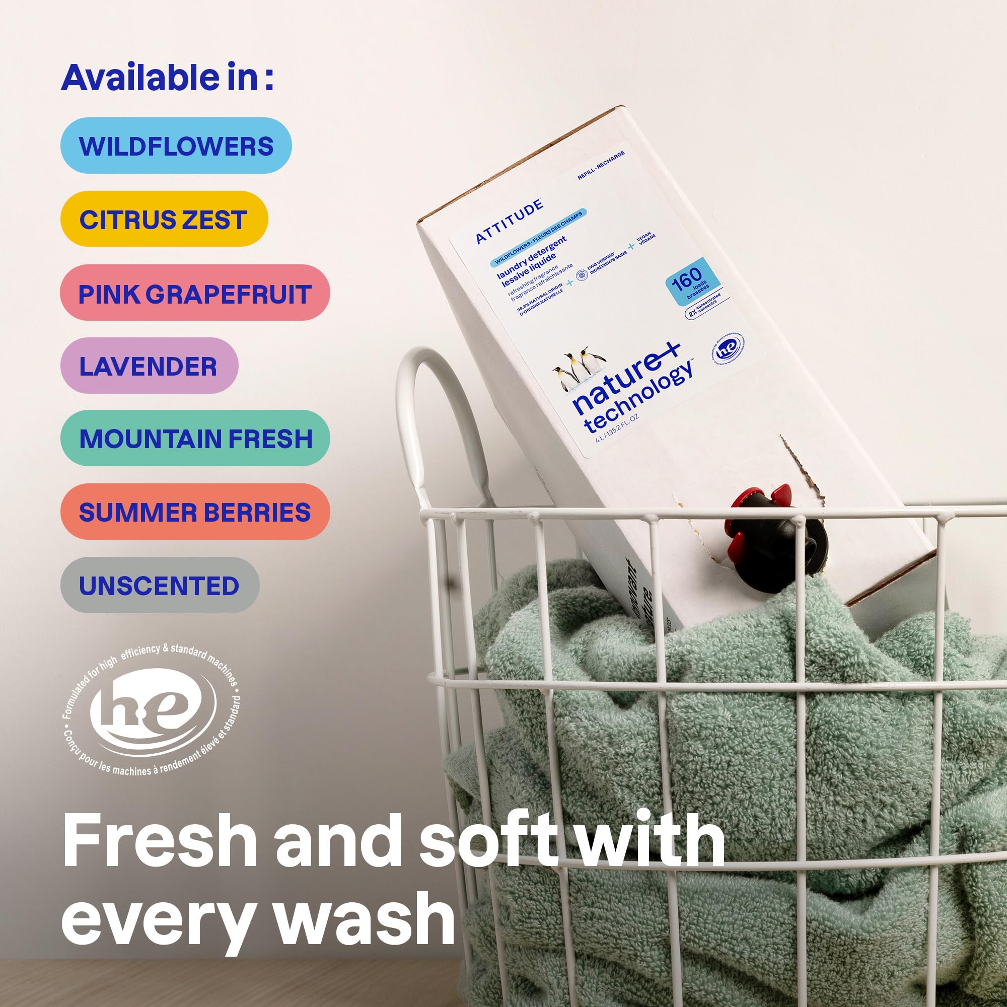 ATTITUDE Liquid Laundry Detergent Refill, EWG Verified, HE Compatible, Plant-Based & Vegan, Natural Laundry Soap, Citrus Zest Scent, 160 Loads, 135.26