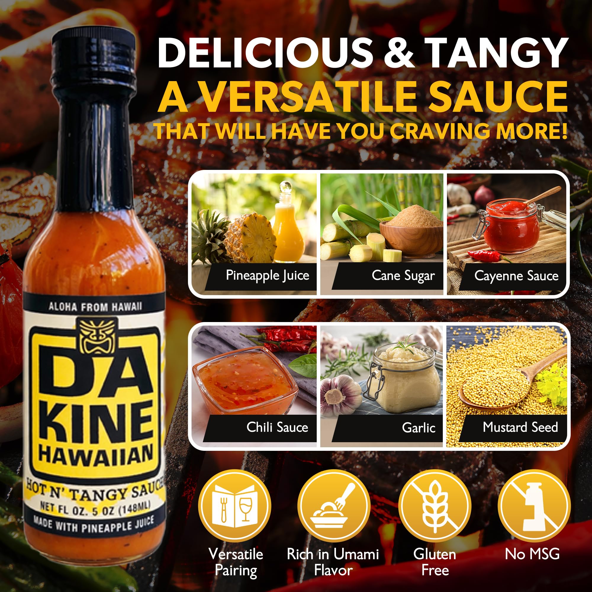 Da Kine Hawaiian Hot N' Tangy Sauce - Tangy Sauce Made with Pineapple Juice - Dipping Sauce for Marinades, Grilling & Everyday Cooking - Chicken