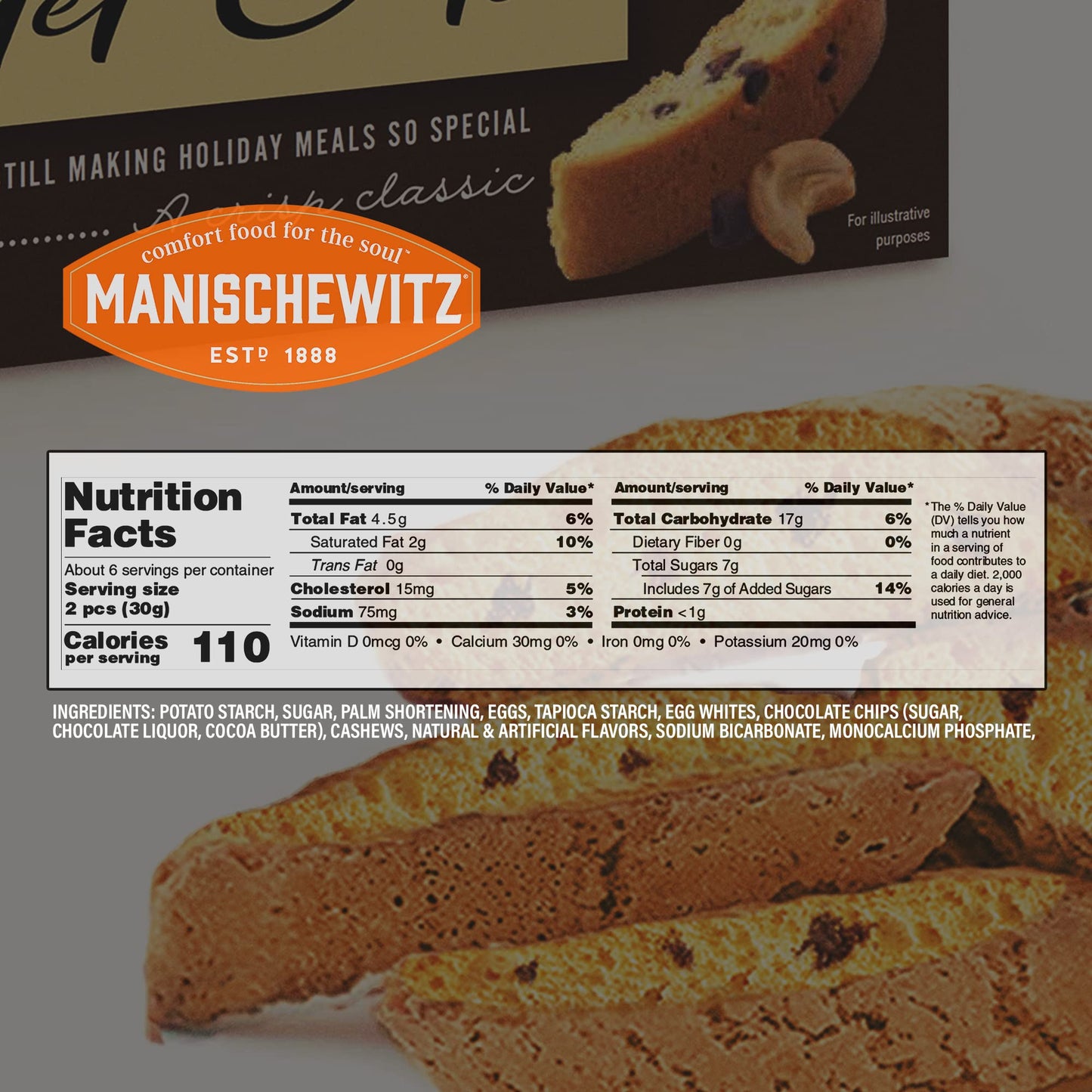 Manischewitz Chocolate Chip Nut Mandel Cuts 6oz (2 Pack), Dairy Free, Gluten Free & Grain Free Biscotti, Kosher for Passover